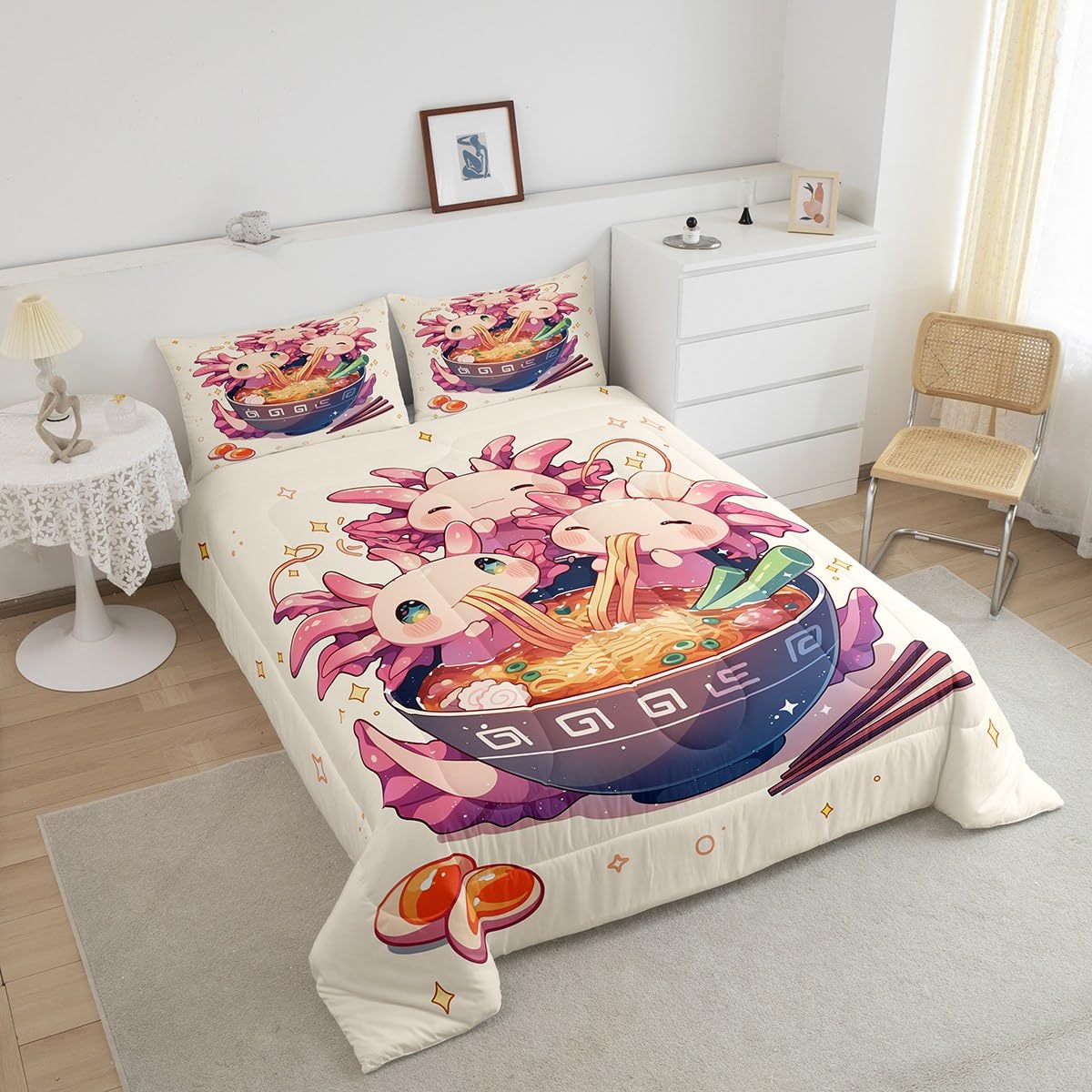 Erosebridal Funny Axolotl Queen Bedding Set,Ramen Noodle Comforter Set Ramen Gifts for Kids Boys Girls,Japanese Food Quilt Bed Set Cute Animal Bedding Comforter Sets with 2 Pillowcases Room Decor