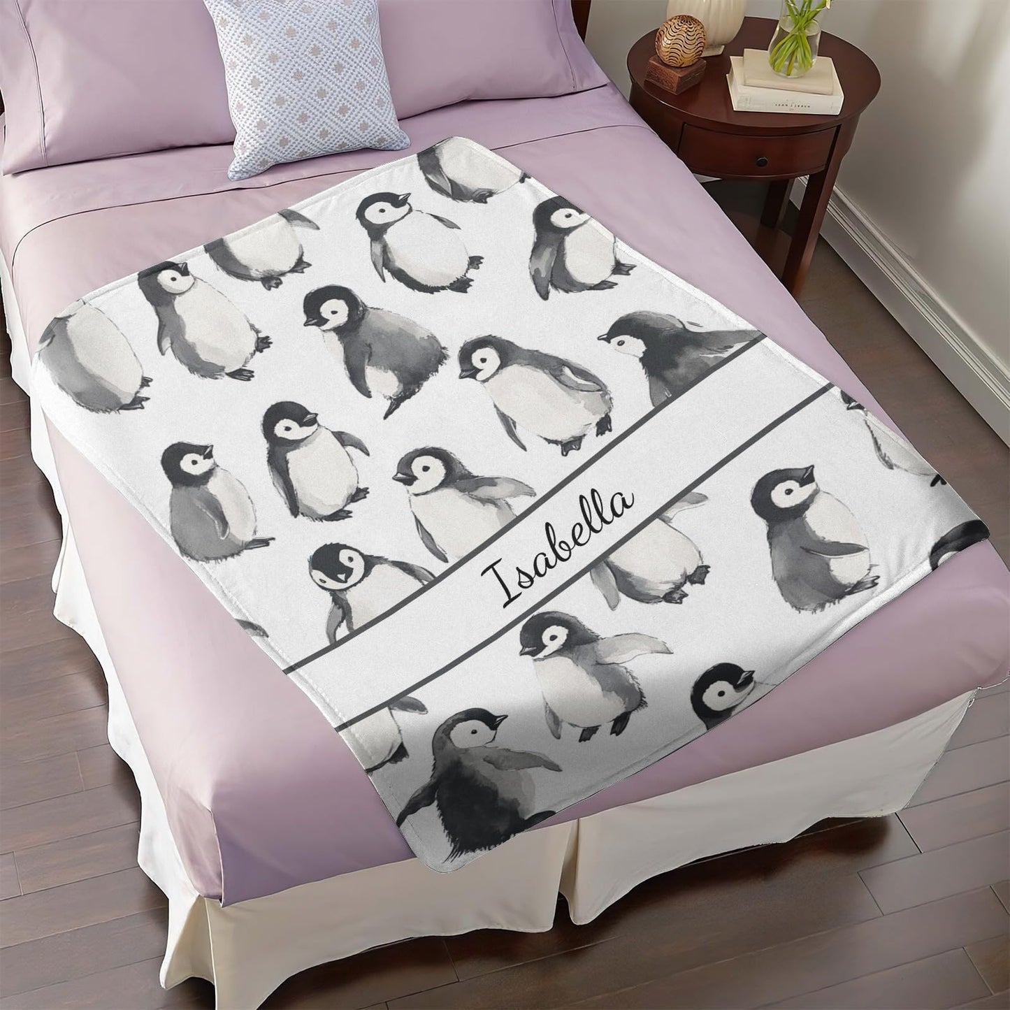 Personalized Penguin Throw Blanket, Custom Name Soft Flannel Blanket Gift for Him Mom Dad, Warm Cozy for Couch Sofa Bed Living Room