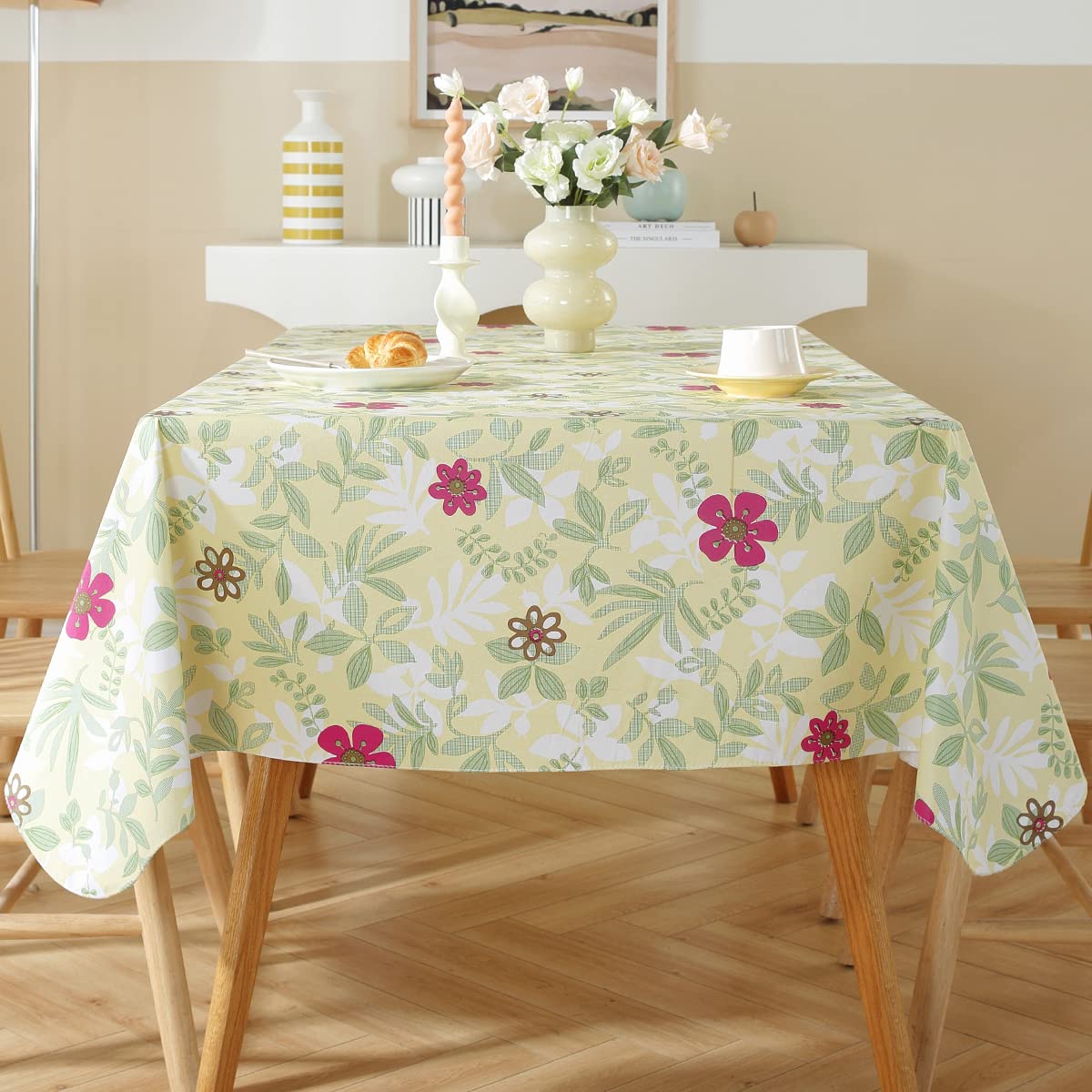 SASTYBALE Spring Summer Vinyl Tablecloth with Flannel Backing Rectangle 52 x 70 Inch, Waterproof Eucalyptus Leaves Table Cloth, PVC Plastic Table Cover for Dining, Party, Picnic, Outdoor