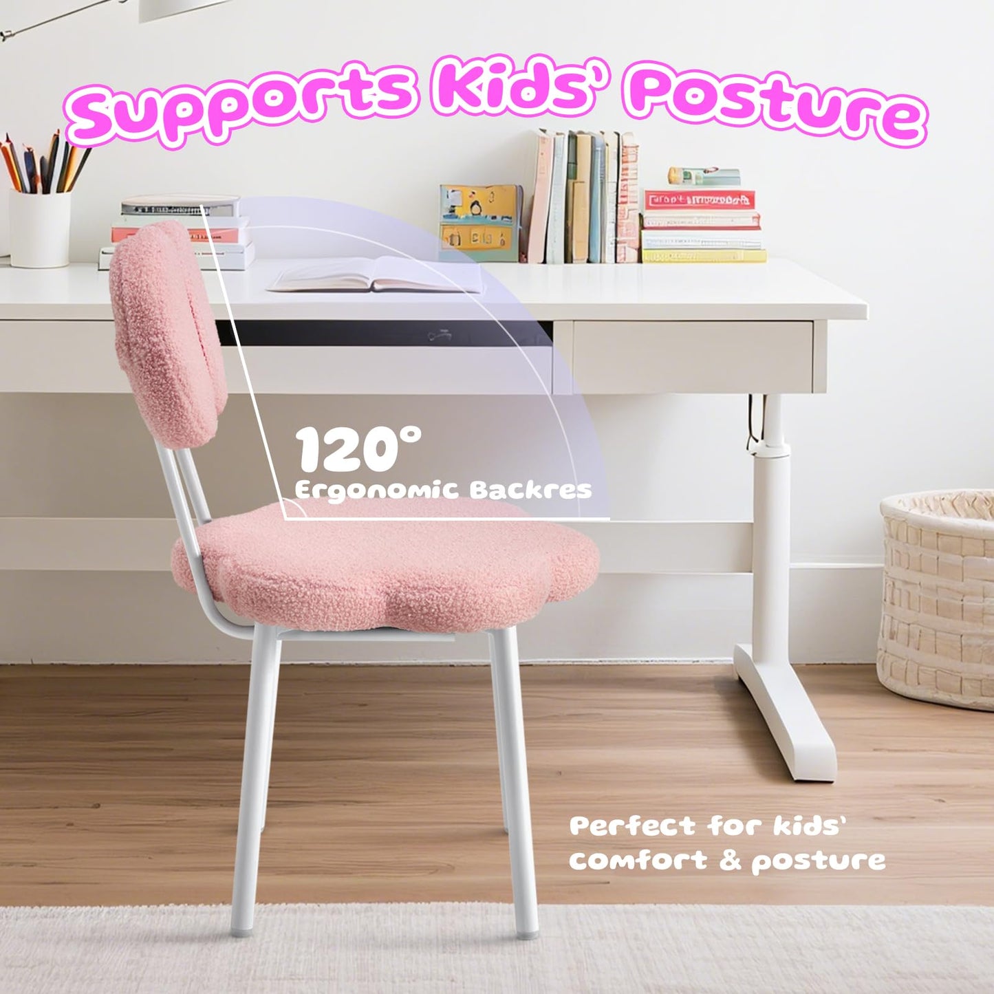 Ultrahome Vanity Girl Chair,Teen Kids Desk Chair with Bow Shape Backrest,Teddy Flence Reading Chair for Bedroom,Study Room,Make Up (Pink)