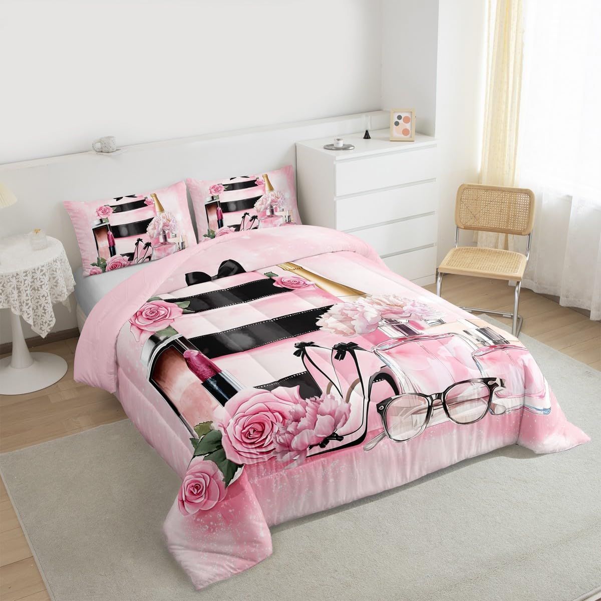 Erosebridal Fashion Luxury Girly Comforter King Size Pink Floral Bedding Set for Girls Women Kids High Heel and Perfume Bed Sets Boho Coquette Trendy Elegant Aesthetic Duvet Insert,Pink and Black