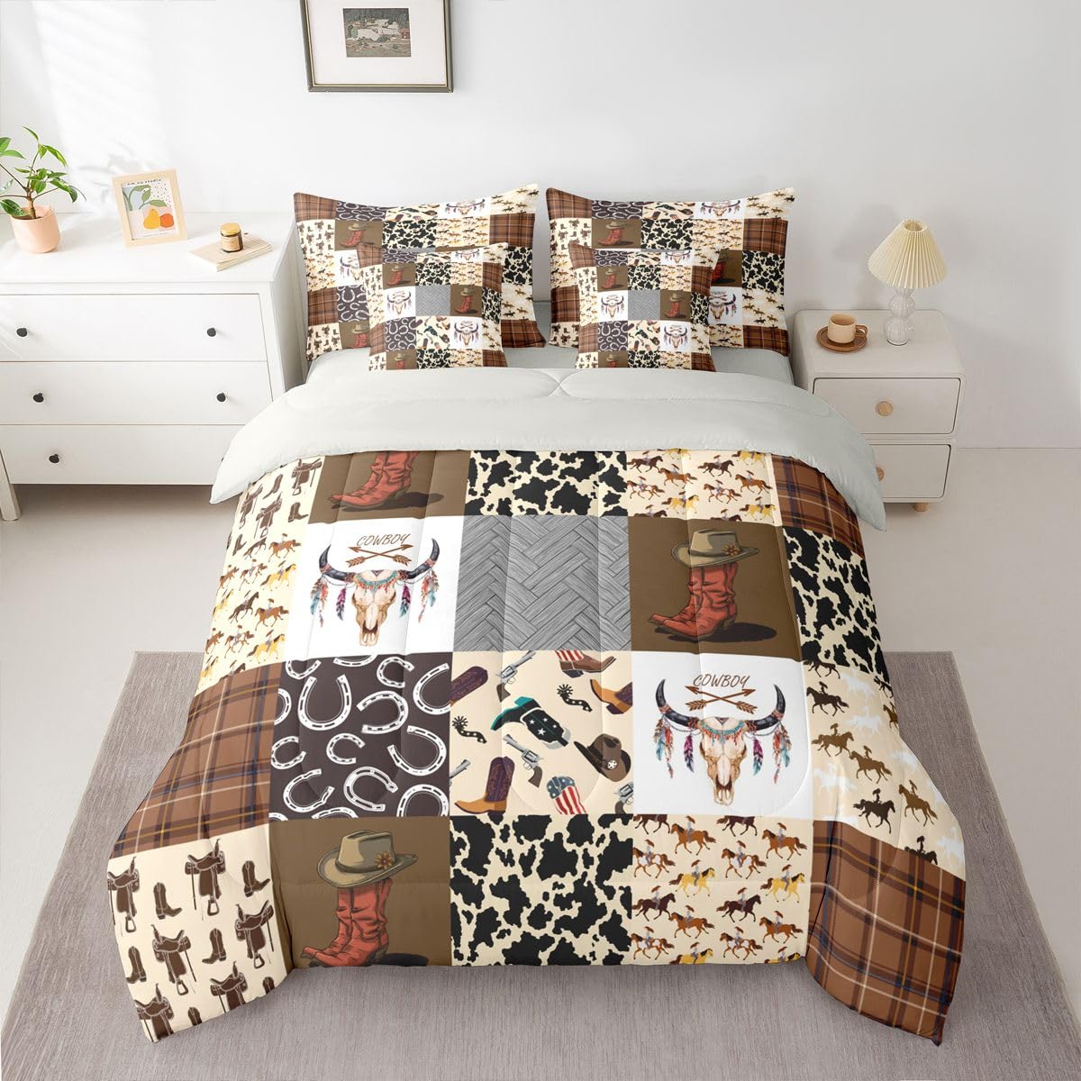 Erosebridal Country Western Twin Comforter Set with Sheets | Cowboy Boots Hat Rustic 7-Piece Bedding Set Horse Decor Cowboys Bed in a Bag, Farmhouse Cowhide Cow Skull Bed Sets,Brown