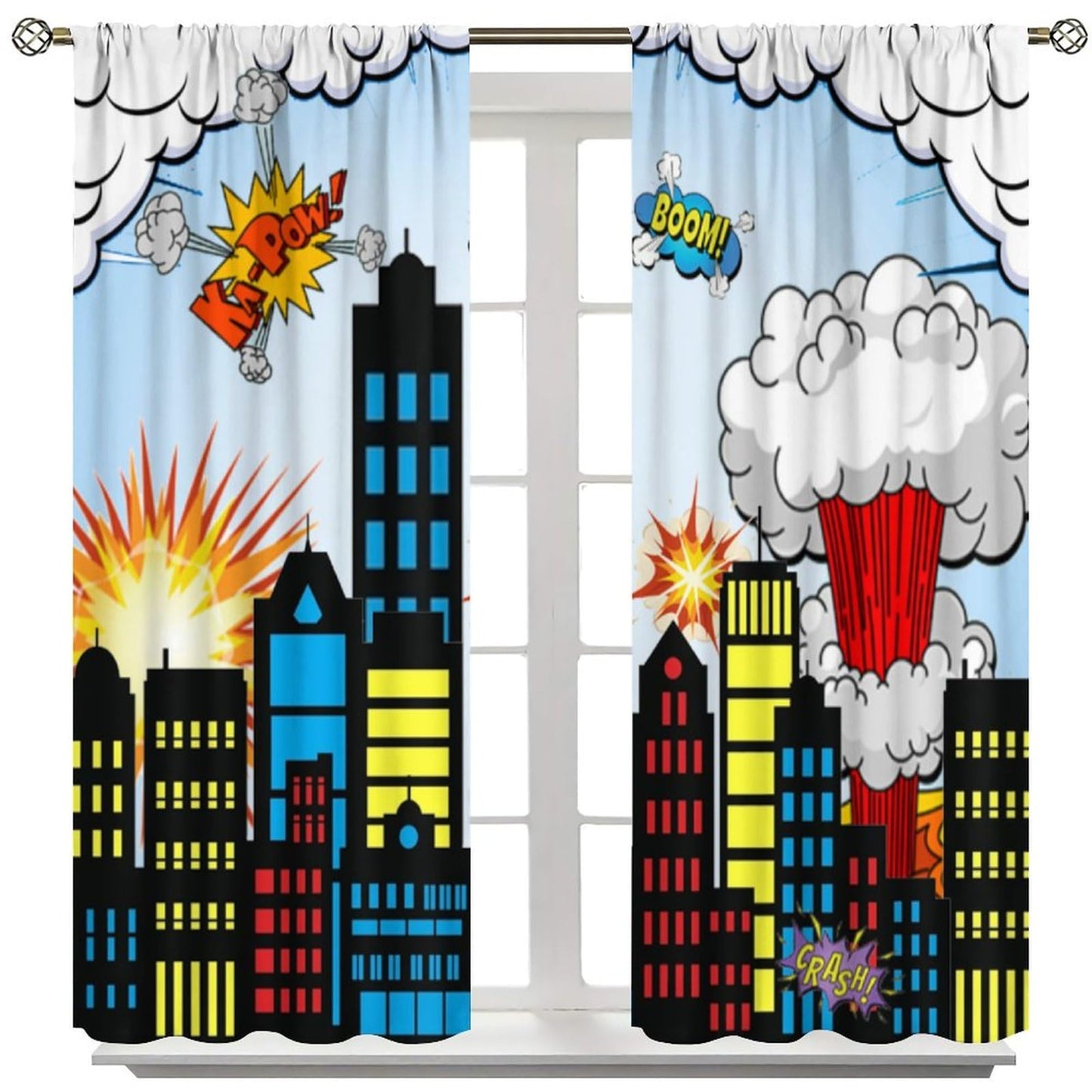 Hero Curtains for Kids Buildings Cityscape Cartoon City Comic Art Window Treatments for Boys Girls Bedroom Nursery Décor Drapes 2 Panel Sets Total Size 42" x 45"
