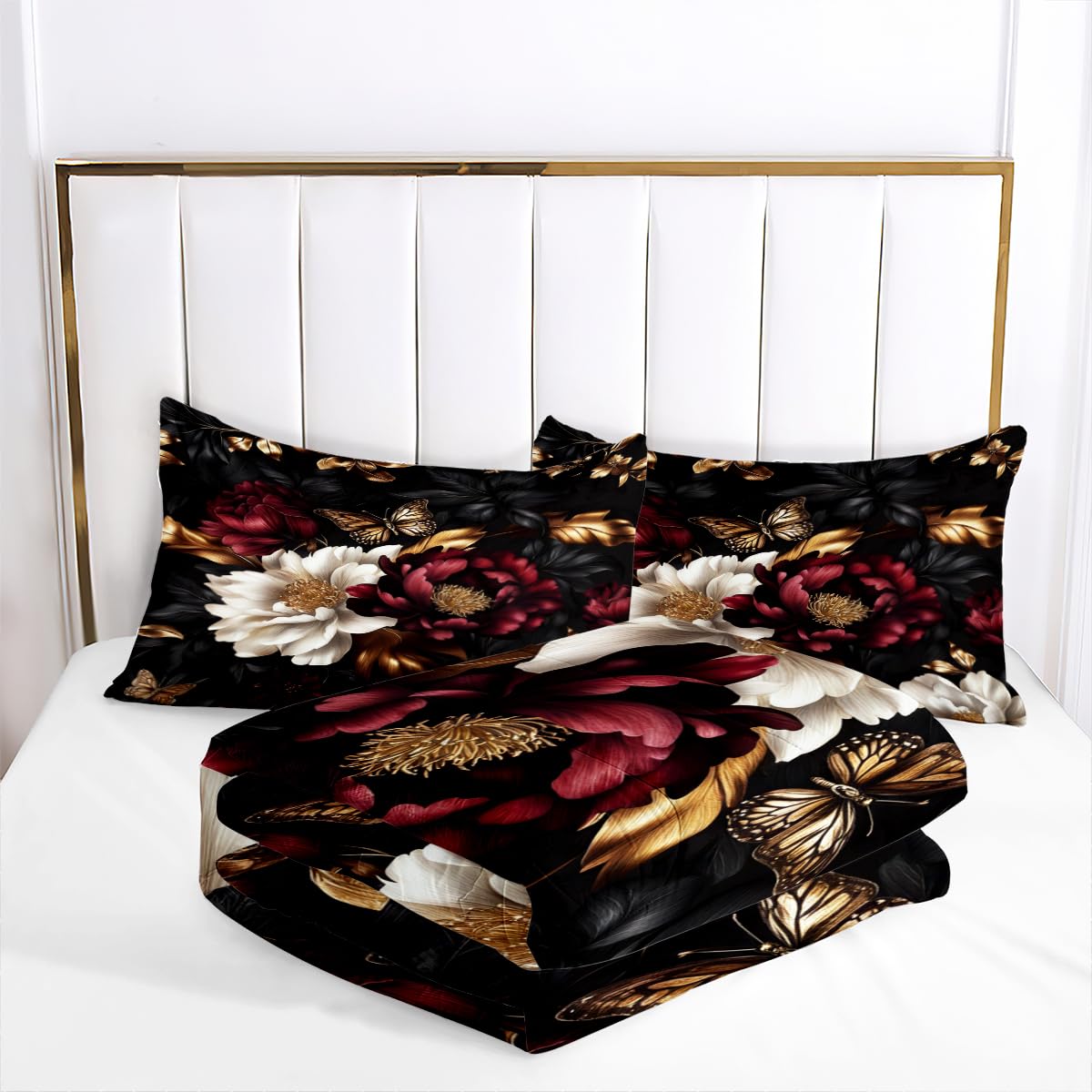 CCoutueChen Black Floral Comforter Set Queen Size 3 Pieces Farmhouse Botanical Flower Bedding Set Modern Aesthetic Bedding Soft Lightweight Down Alternative Comforter Sets with 2 Pillowcases