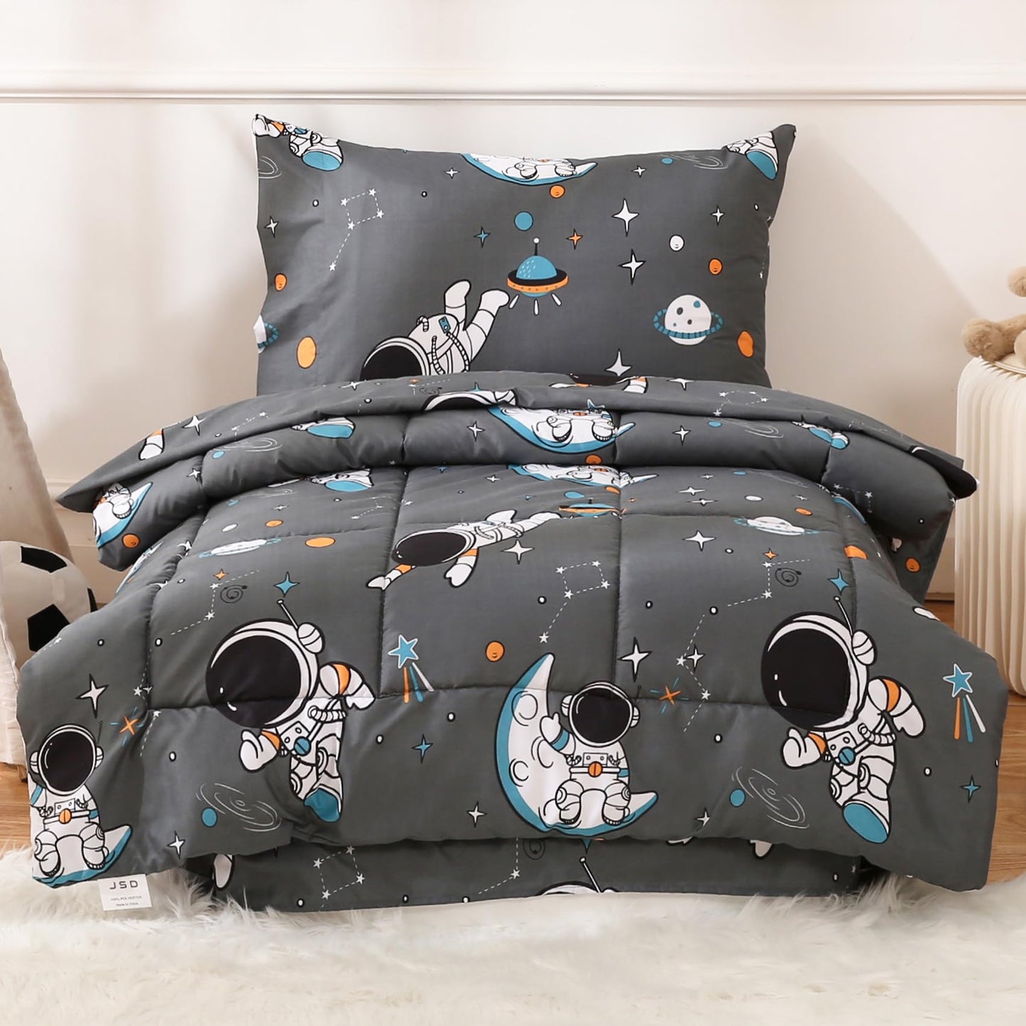 JSD Grey Astronaut Toddler Bedding Set, 4 Piece Space Theme Bed-in-a-Bag Comforter Sheet Set, Machine Washable