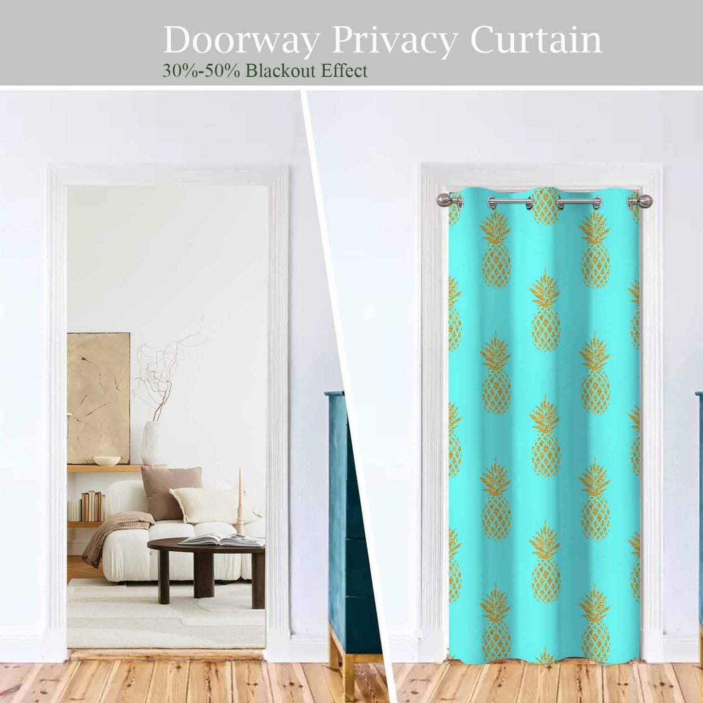 Haciadan Pineapple Door Curtain Tropical Fruit Gold Blue Doorway Blackout Curtain for Bedroom Living Room,34x80 Inch 1 Panel