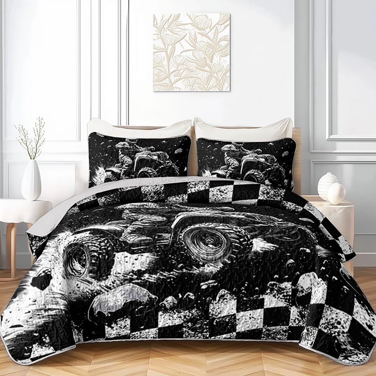XYNHML Cool Motocross Rider Quilts Bedding Twin 3Pcs Racing Dirt Bike Quilt Set Extreme Sports Racer Grid Lightweight Soft Bedspread Coverlet with 2 Pillowcases for Kid Boy Girl Teen Adult Bed Decor