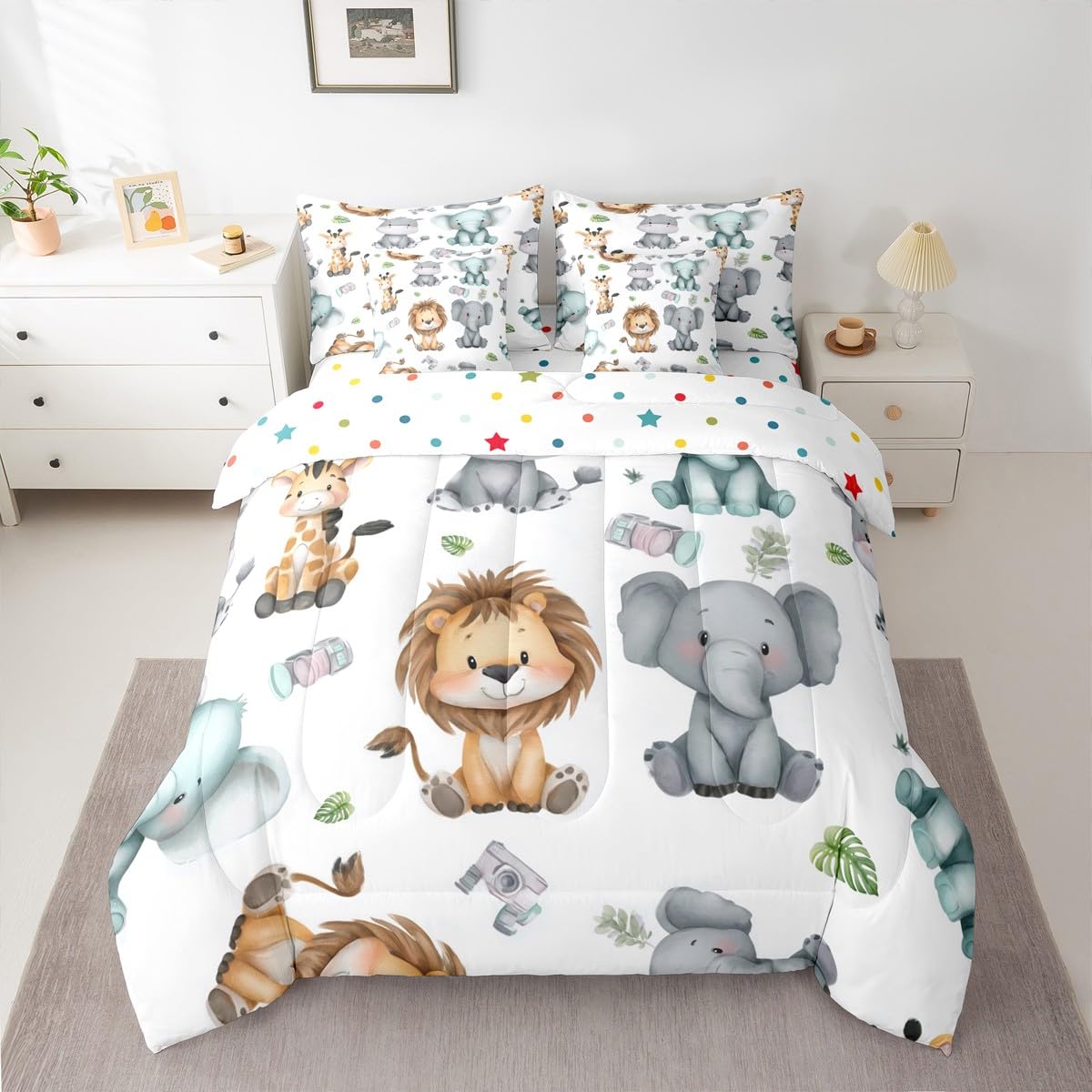 Erosebridal Cartoon Animals 7 Piece Comforter Set Twin for Nursery Child Bedroom | Cute Lion Elephant Hippo Bedding Set Tropical Bed Set Palm Tree Leaves Bed Sheets Kawaii Zoo Wildlife Quilt