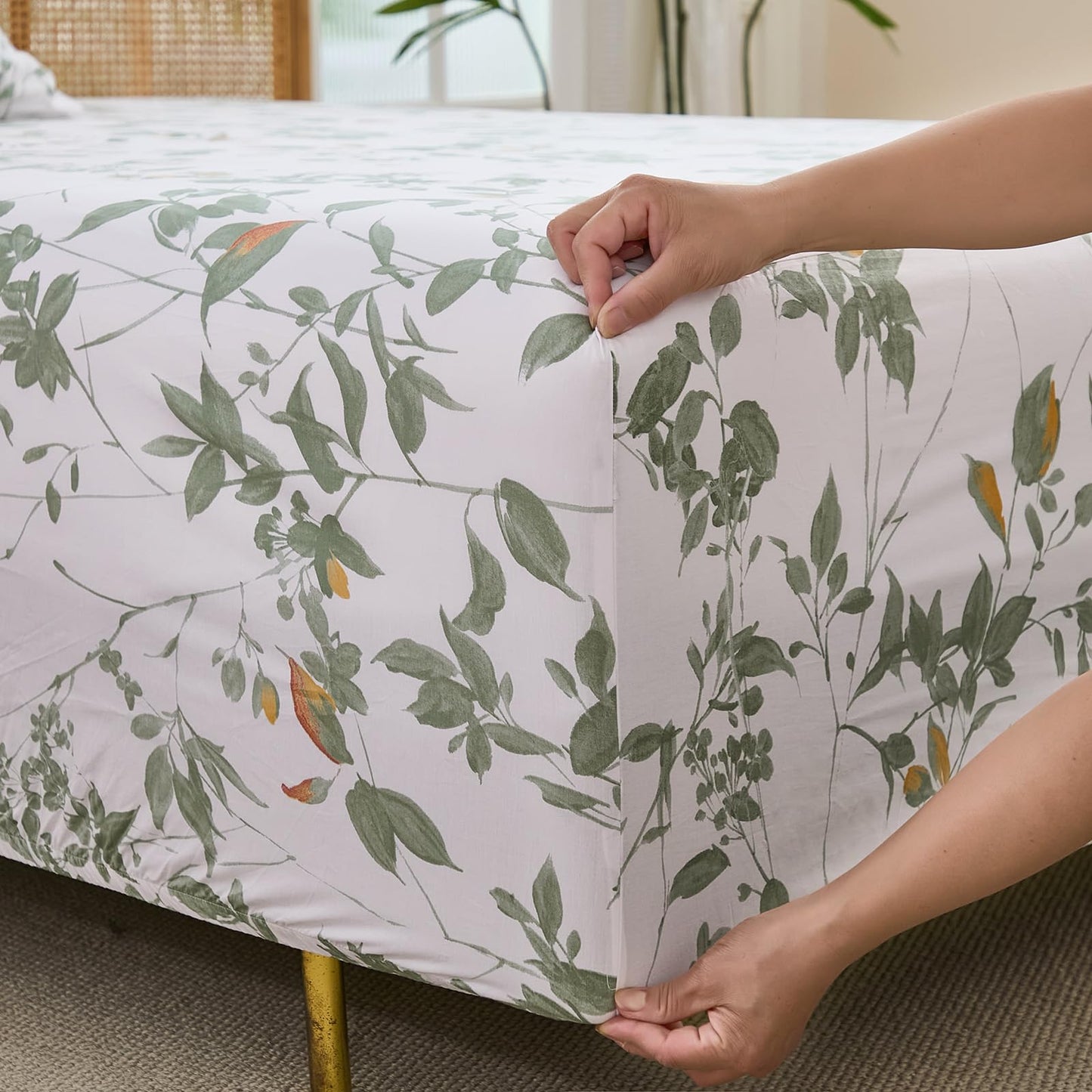 Cozaline 100% Cotton Sheets Set Queen Size – 4 Pieces Luxury Breathable Percale Cotton Bedding with Deep Pockets, Crisp Cool Feeling, Soft&Durable, Refined Botanical Elegance, Green Floral Bed Sheets