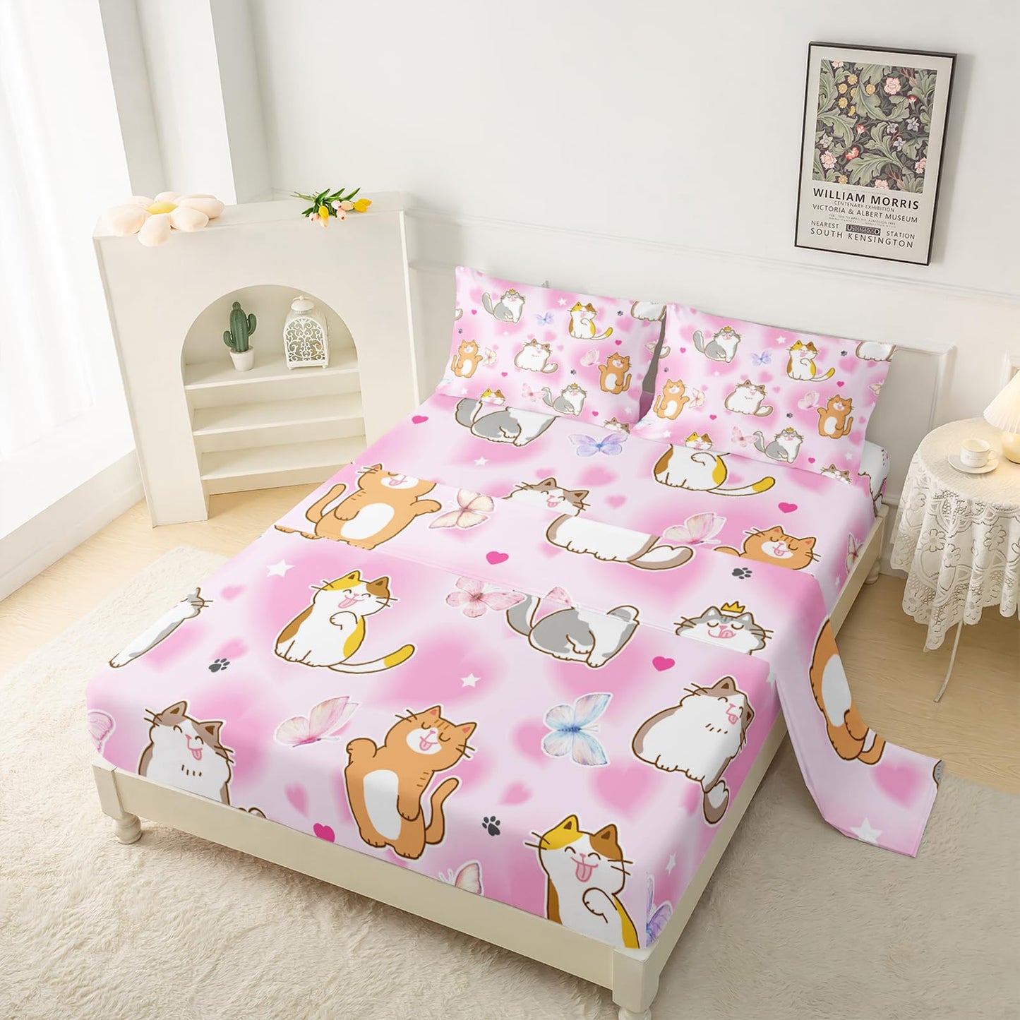 QOOMO Kawaii Cat Kids Bed Sheets Twin Size,Cute Kitten Print Bedding Sheet Set,4Pcs Cartoon Animal Deep Pocket Bed Sets with 1 Fitted Sheet 1 Flat Sheet 2 Pillowcases for Boys Girls Teens