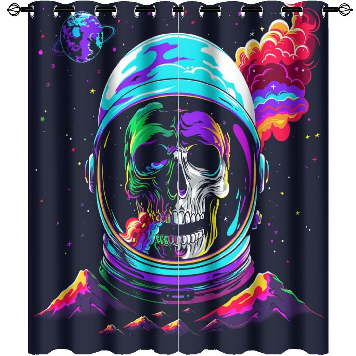 HDESDIS Abstract Gothic Skeleton Curtains for Bedroom, Skull Space Star Astronaut Grommet Blackout Curtains Thermal Insulated Window Drapes for Living Room, 21W x 45L, 2 Panels