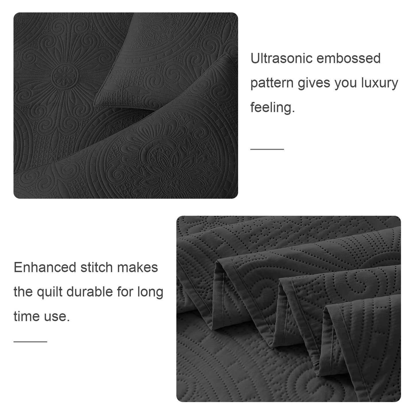 WURUIBO Twin Quilt Set Black,Ultrasonic Embossed Bedspread, Lightweight Microfiber Coverlet, Modern Thin Bedding Set for All Season, 2 Piece(1 Quilt,1 Pillow Shams)