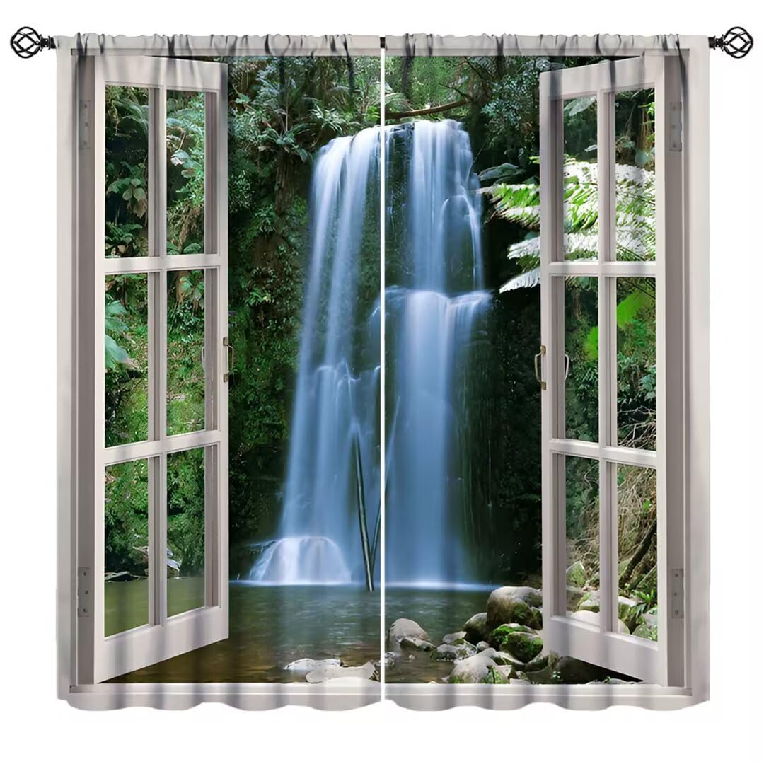 Nsbul Landscape Curtains, Waterfall Scene Lush Greenery Nature Decor Window Drapes for Bedroom Living Room, 42" W X 45" L (No Blackout)