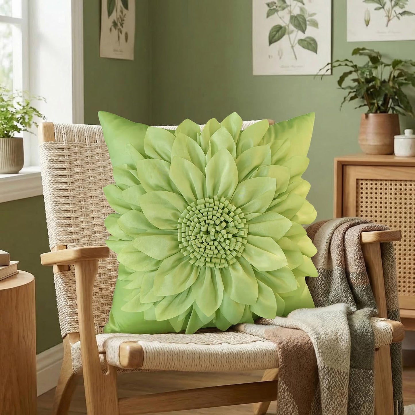 Bella's Giftshop 3D Sunflower Decorative Throw Pillow Covers for Bed Sofa Couch Chair, Accent Floral Taffeta Cushion Cover, Handmade Pillow Cases Living Room Decor, 17x17 Inch-Green/Sage