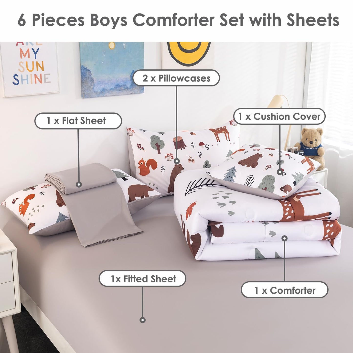 BYHOFMLY Twin Bedding Sets for Boys Girls 6 Pcs White Woodland Animals Kids Comforter Set with Sheets Forest Theme Teen Boy Bed in A Bag for All Season(Forest, Twin)