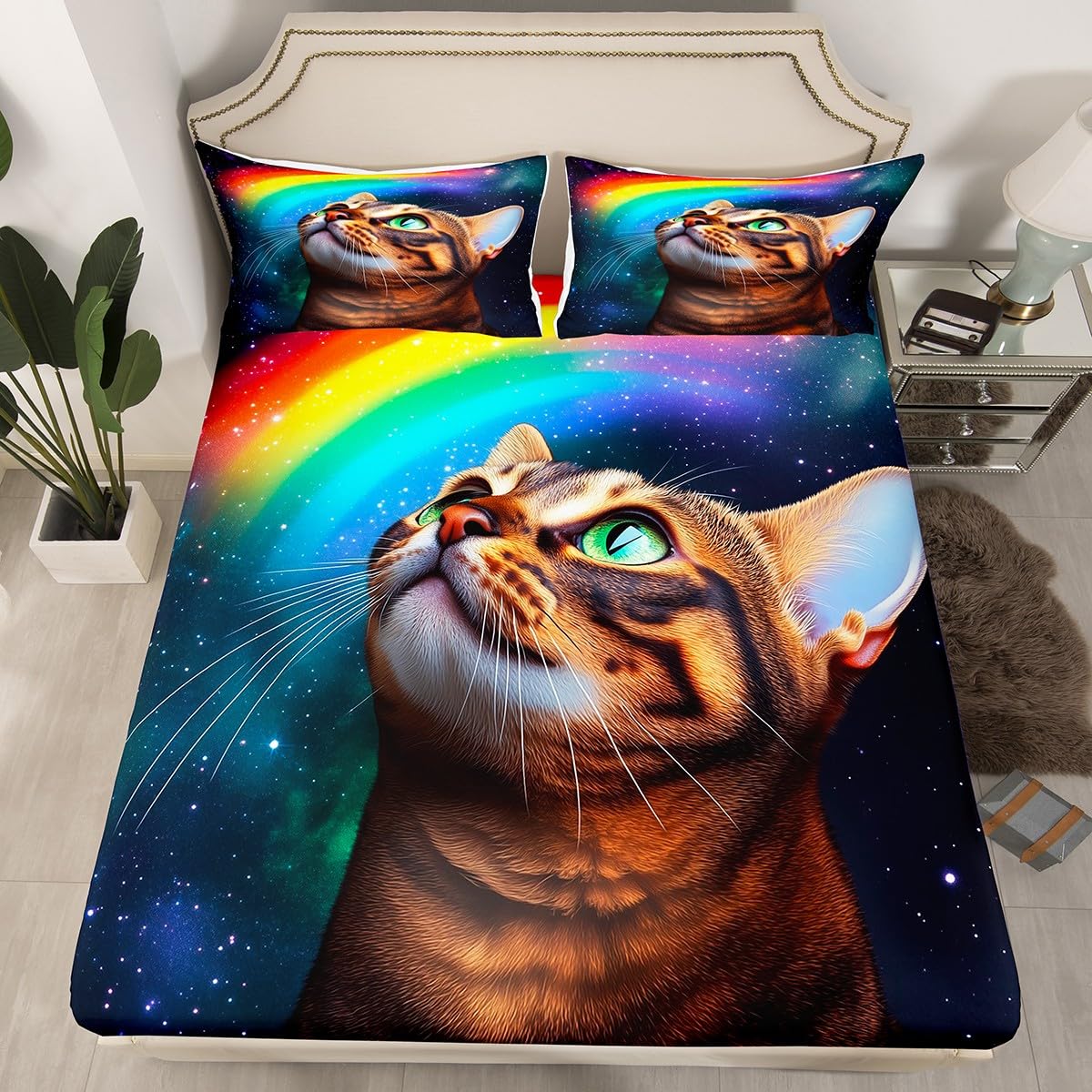 Erosebridal Galaxy Cat Bed Sheets 4 Pcs Kids Girls Boys Teens Rainbow Cat Sheet Set Full Animal Themed Sheets Set + Deep Pocket Fitted Sheets+ Fashion Starry Sky Flat Sheet + Room Decor