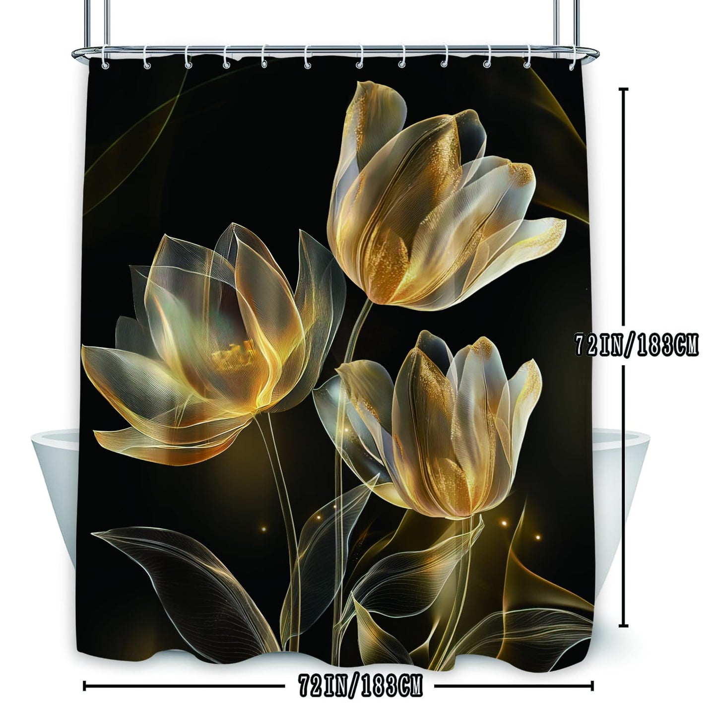Glioown Black Gold Lotus Tulip Shower Curtain 60Wx71L, Modern Flower Blossom Shower Curtains for Bathroom Decor, Beautiful Elegant Botanical Shower Curtain Set Home Decor 12 Pack Hooks