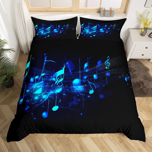 Erosebridal Music Note Duvet Cover Full Size Music Theme Blue Comforter Cover for Teen Boys Kids Girls,Musical Notes Bedding Set Geometric Striped Pattern Bed Set with 2 Pillowcases