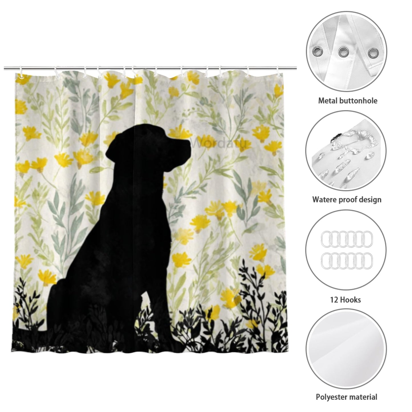 Wordatu Shower Curtain for Bathroom Flower Funny Black Labrador Dog Shower Curtains for Bathtub Waterproof Fabric Shower Curtain with Hooks 72x72 Inches