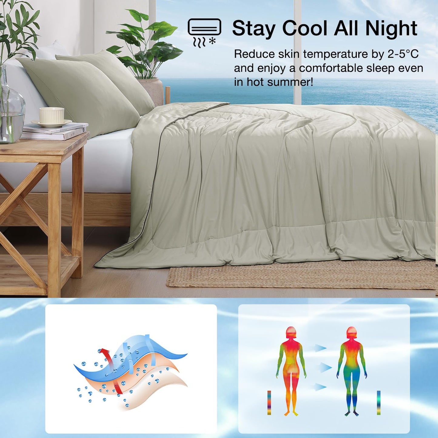 Monbix ChillChilla Cooling Comforter Queen Size-3 Pieces Cooling Blankets for Hot Sleepers and Night Sweats, Double-Sided Summer Queen Comforter Set, Breathable Lightweight Blanket Grey