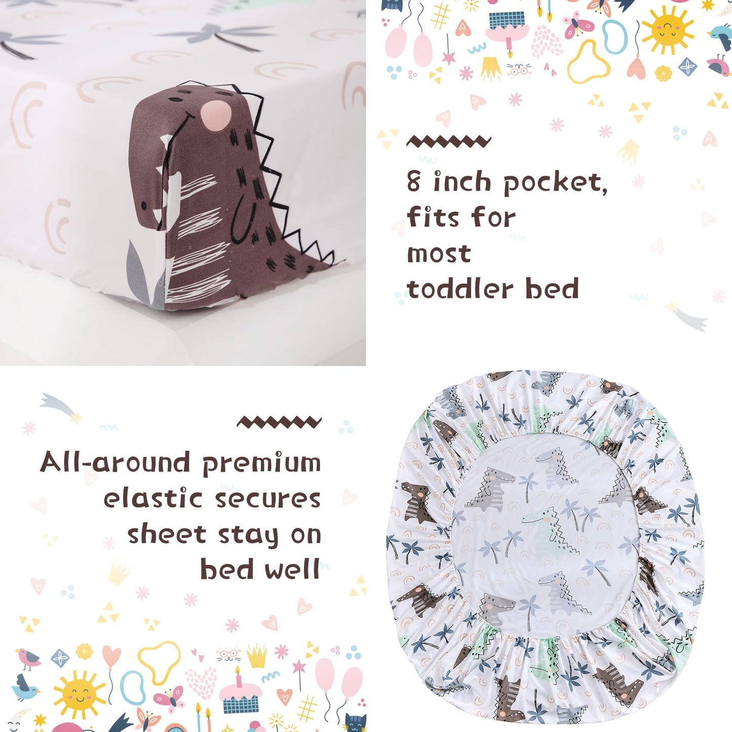 JSD Dinosaur Toddler Bedding Set, 4 Piece Bed-in-a-Bag Comforter Sheet Set, Machine Washable