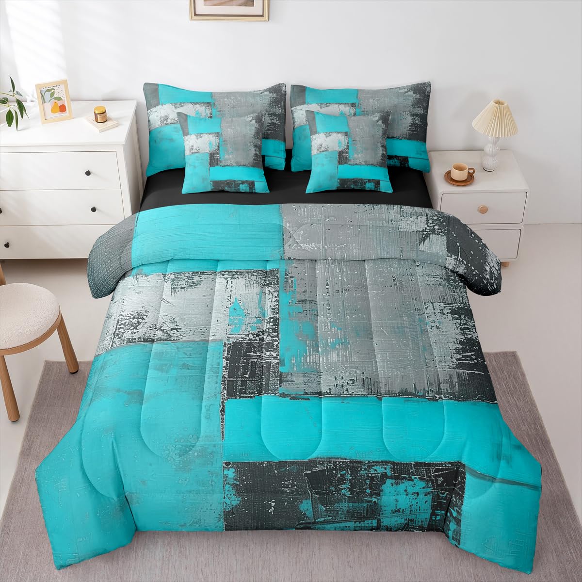 Feelyou Abstract Comforter Set with Sheets 7 Piece King Size Modern Abstract Art Bed in a Bag Kids Boys Girls Luxury Bedding Set Geometric Bedroom Decor Blue Gray Soft Lightweight Microfiber