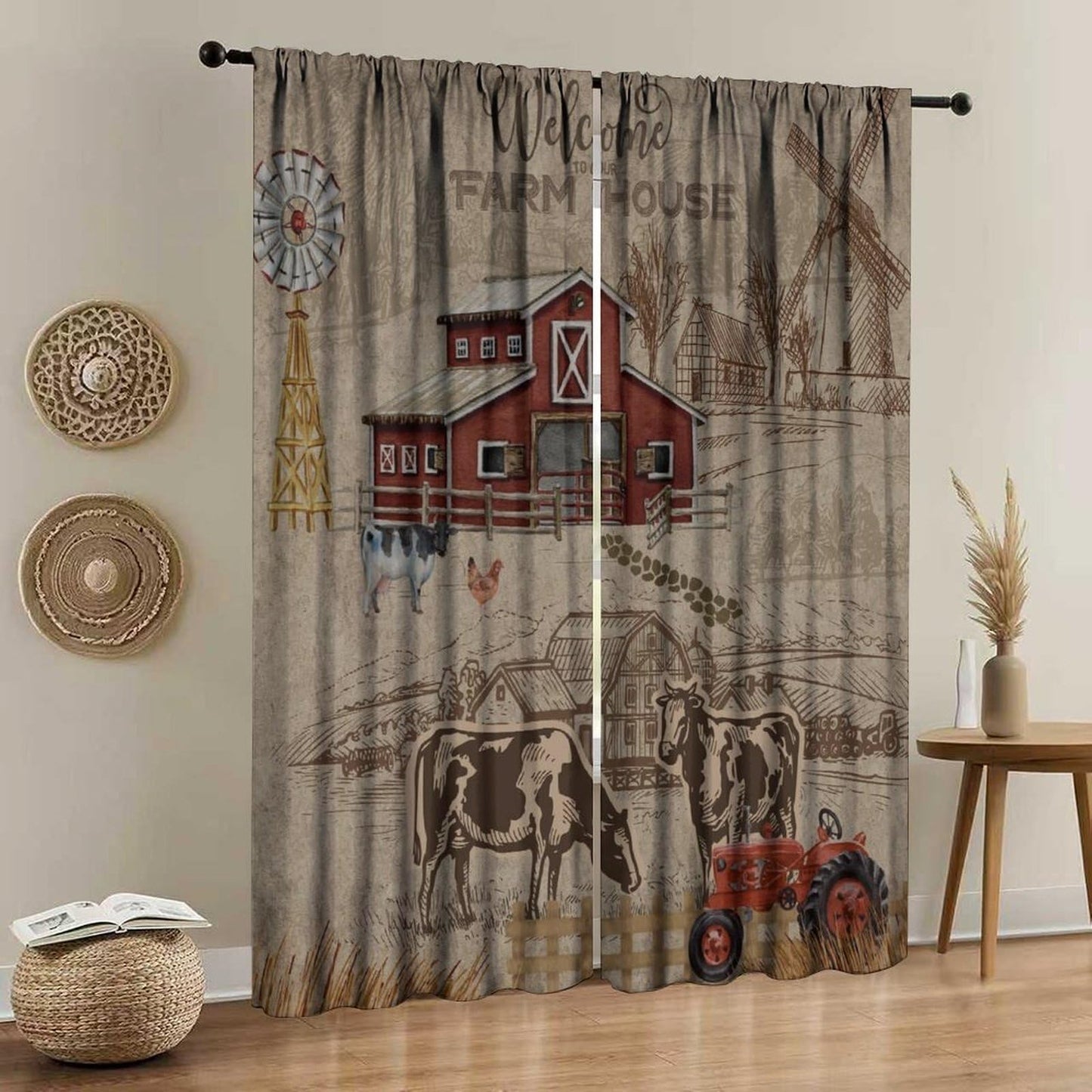 Tificats Farmhouse Cow Kitchen Curtains,Hand-Painted Vintage Red Barn Cow Rustic Tractor Windmill Welcome Sign Window Treatment for Bedroom Living Room Dining Room Cafe21 W x 45" L (Pack of 2)