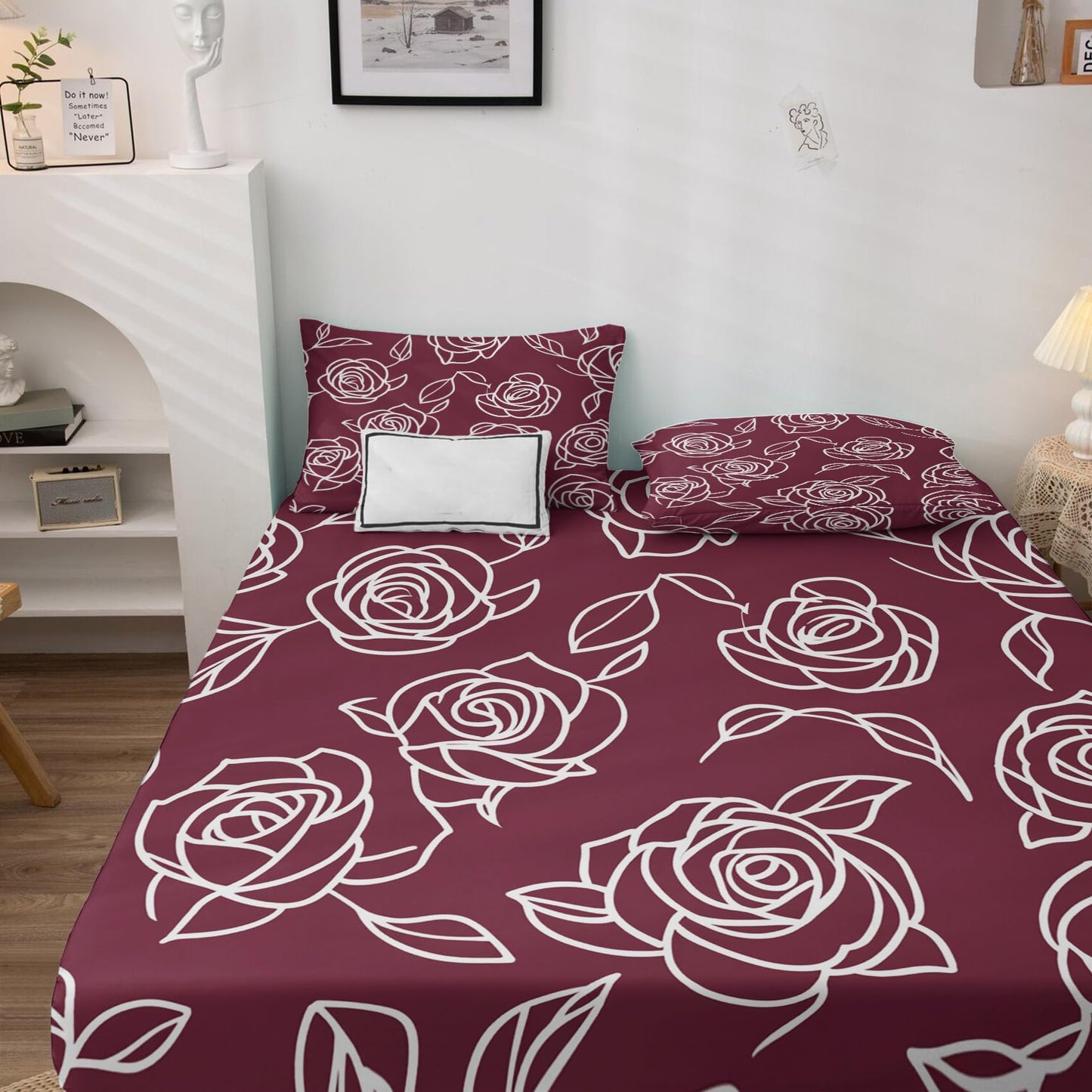 NOGAWA Burgundy Rose Bed Sheets, Abstract Floral Sheets, Bedroom Decor, Queen Sheets Set Flower, Bedding Sheets, 16 Inch Deep Pocket Fitted Sheet, Flat Sheet, Pillowcases
