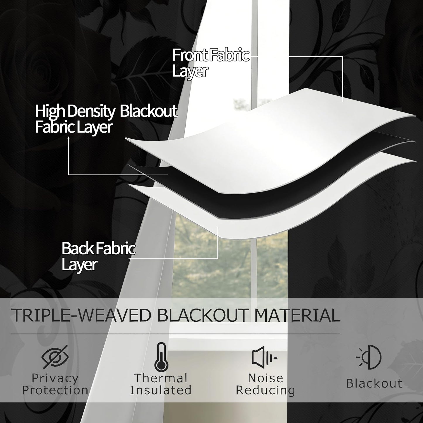 Blackout Curtains Grommet Top 2 Panels, 29.5"W x 45"L, Vintage Red Rose Black Vine Butterfly Window Drapes, Thermal Insulated Room Darkening Gothic Curtains for Living Room Bedroom Dining Room