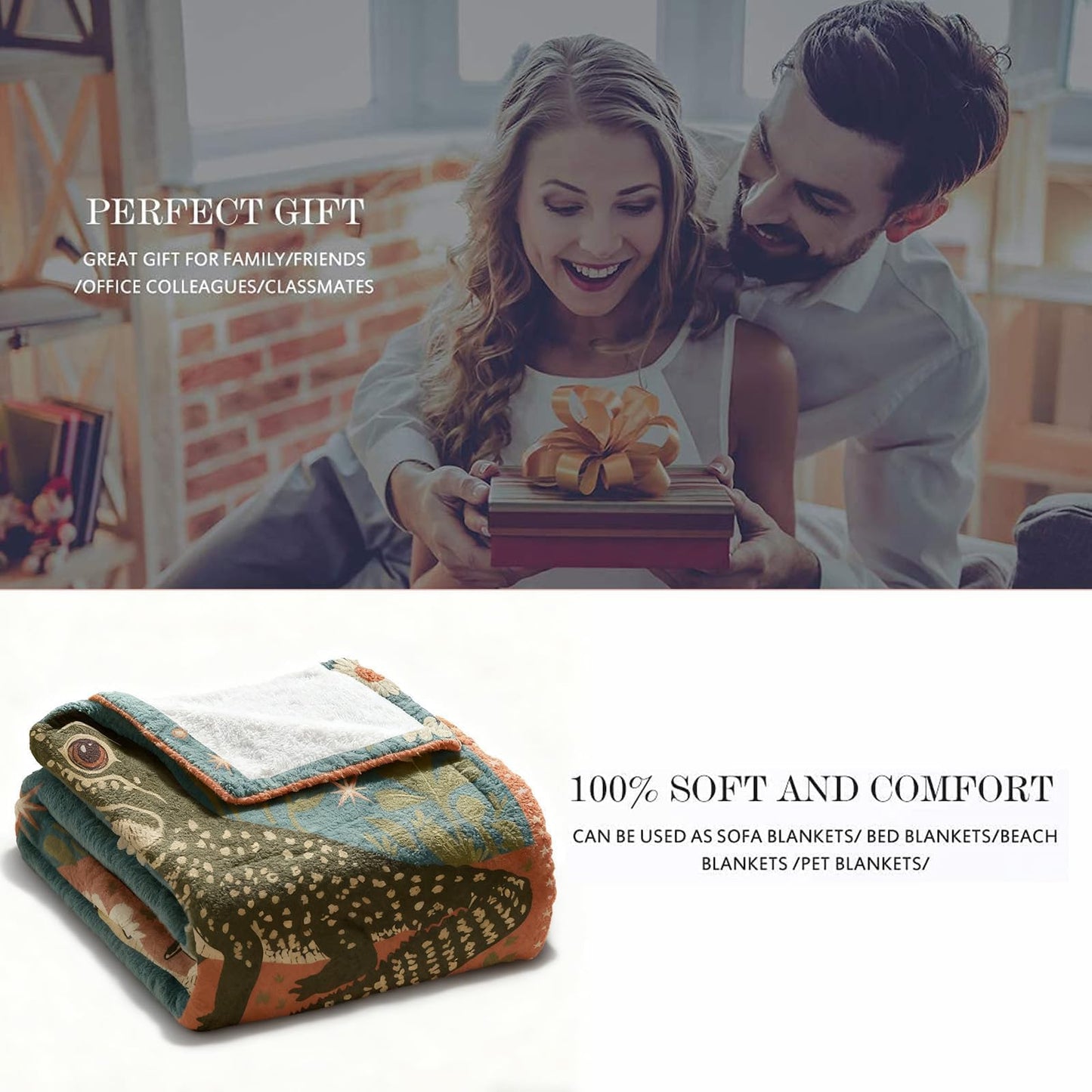 kampdream Retro Print Flannel Blanket Throw, Super Soft Cozy Nap Throws, Crocodile with Daisy and Butterfly Print Blanket for Sofa Travel and Camping, for All Seasons 50"x60" inch Red