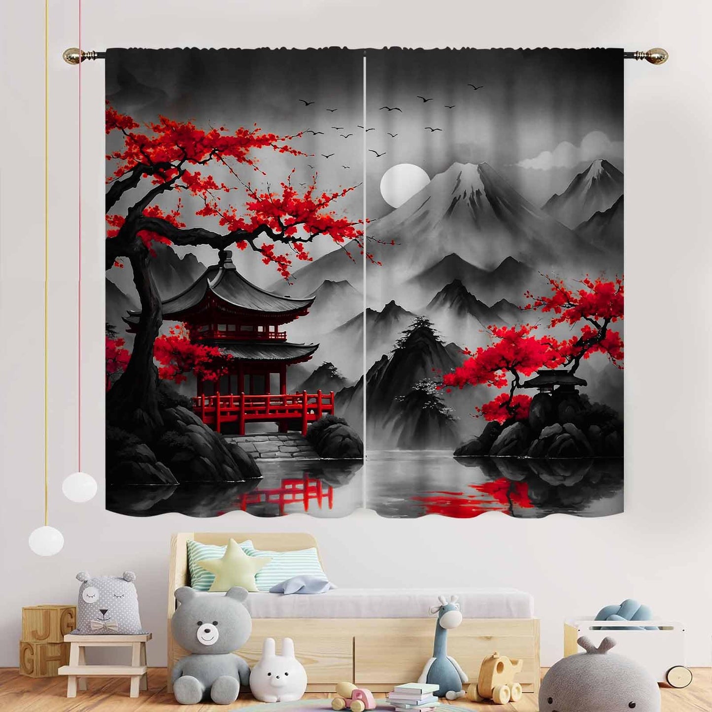 Cherry Blossoms Curtains, Japanese Traditional Ink Painting Red Floral Plum Blossom Asian Oriental Nature Mountains Landscape Window Drapes Treatments for Bedroom Living Room Kitchen, 42"x45" Inch