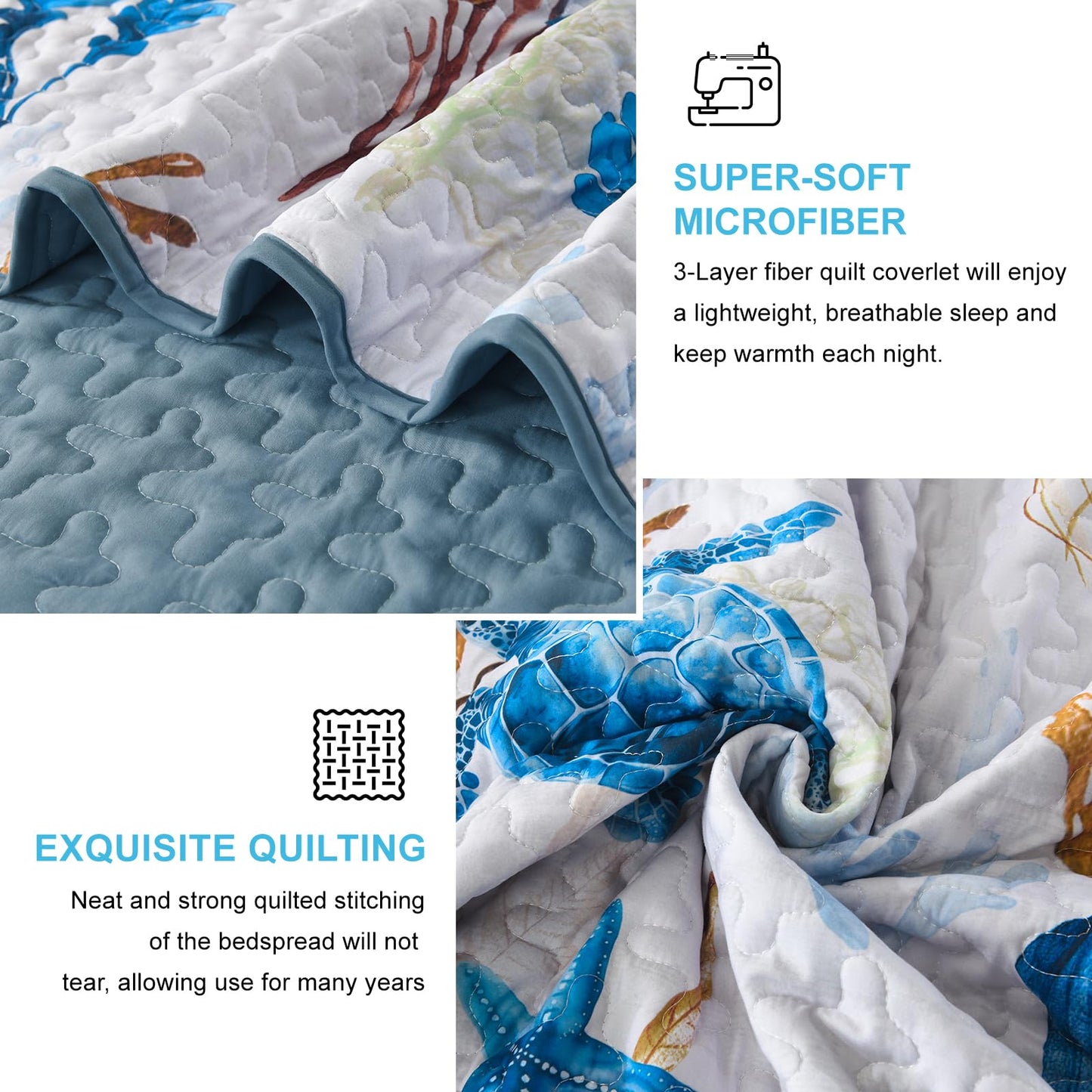 DJY Coastal Quilt Set King Size 3 Piece,Summer Beach Bedspread Coverlet Lightweight Green Ocean Turtle Theme Bedding Set,All Season Reversible Microfiber Thin Bed Set with Shams 110"×90"