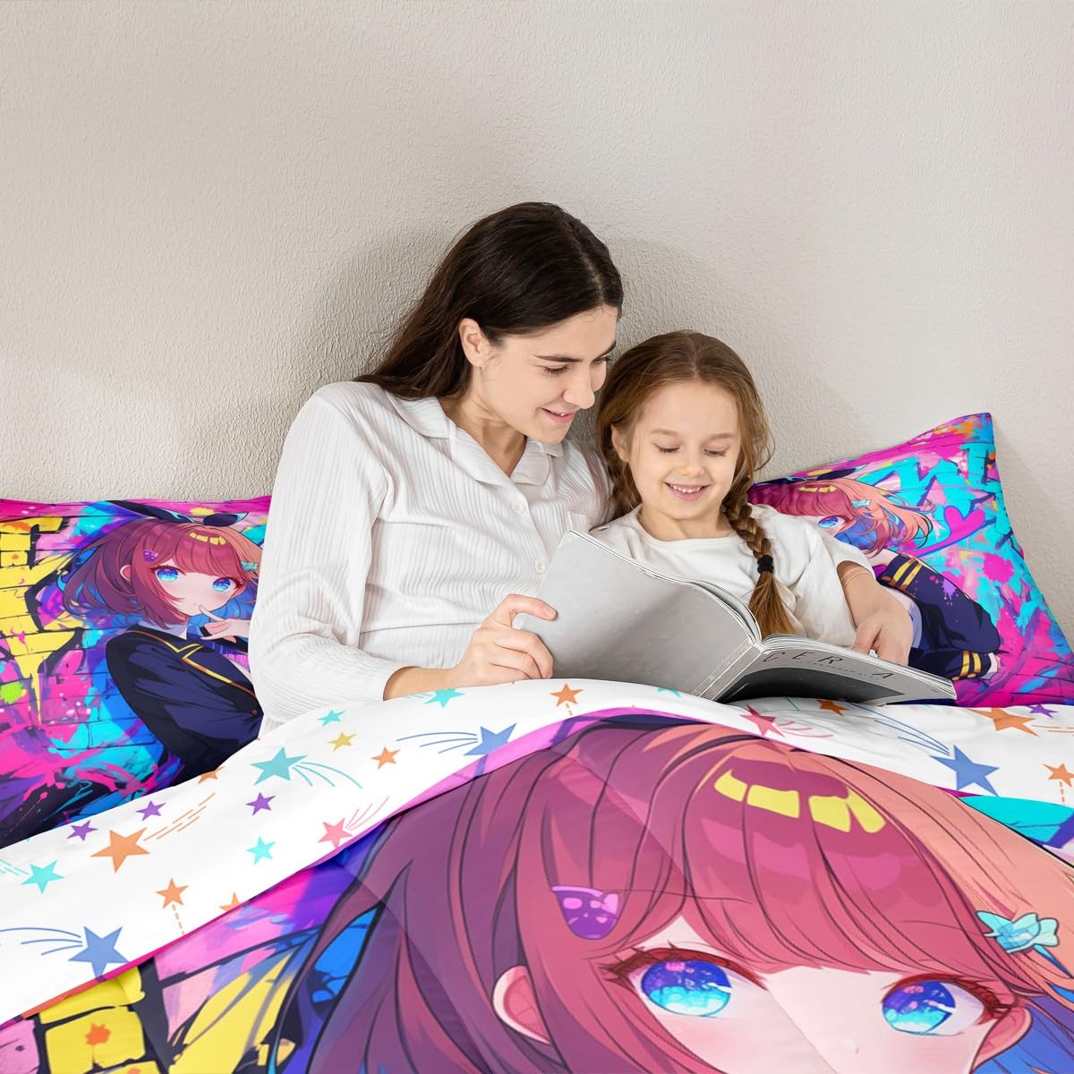 Erosebridal Girls Japanese Anime Comforter Set Full, Kawaii Anime Girl Bedding Set Cartoon Girl Duvet Insert for Kids Teens Adult, Japanese Animation Sci Fi Style Quilt with 2 Pillow Cases