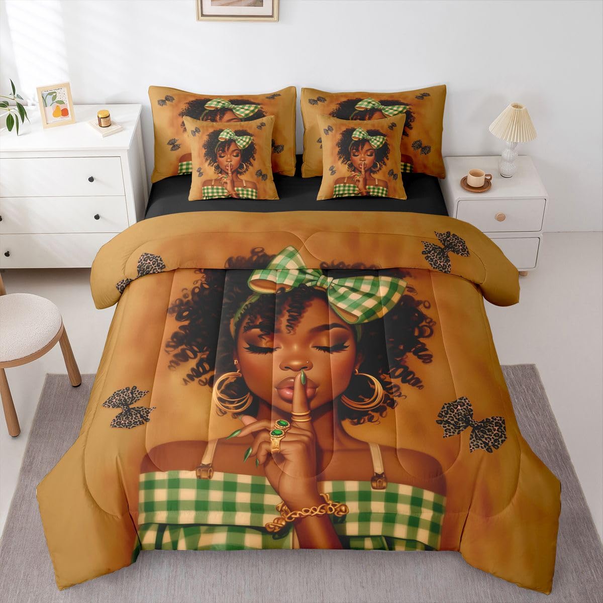 Erosebridal Cute Bow Black Girls Queen Bedding Set Green Geometric Grid Comforter Set with Flat and Fitted Sheet Leopard Print Bowknot 7-Piece Bed in a Bag Coquette Cheetah Bows Quilt Sets