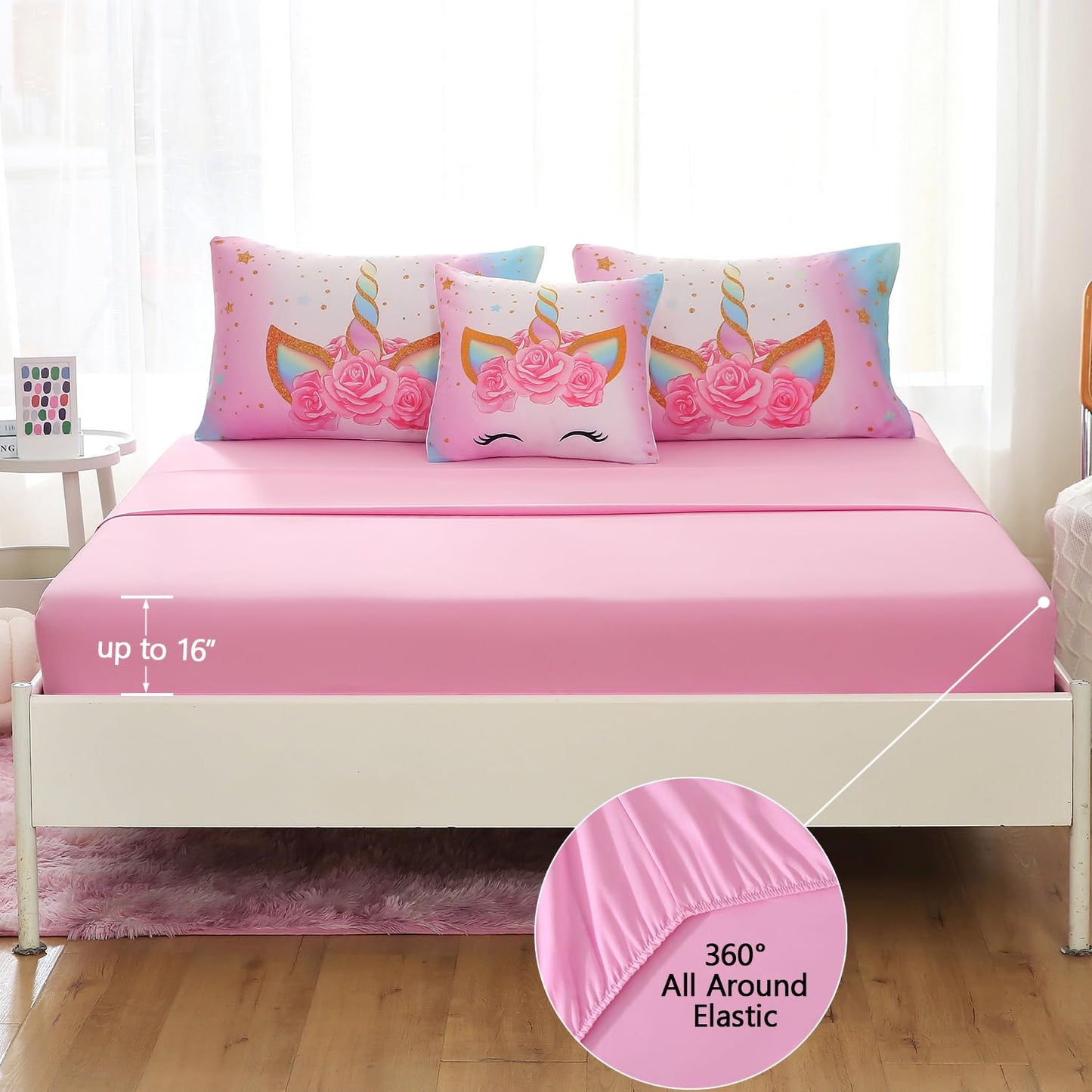 Keyroal 6Pcs Twin Comforter Set with Sheet,Unicorn Flower Bedding Set for Kids,Pink Rainbow Bed in a Bag Bedding for Girls-Smile Unicorn