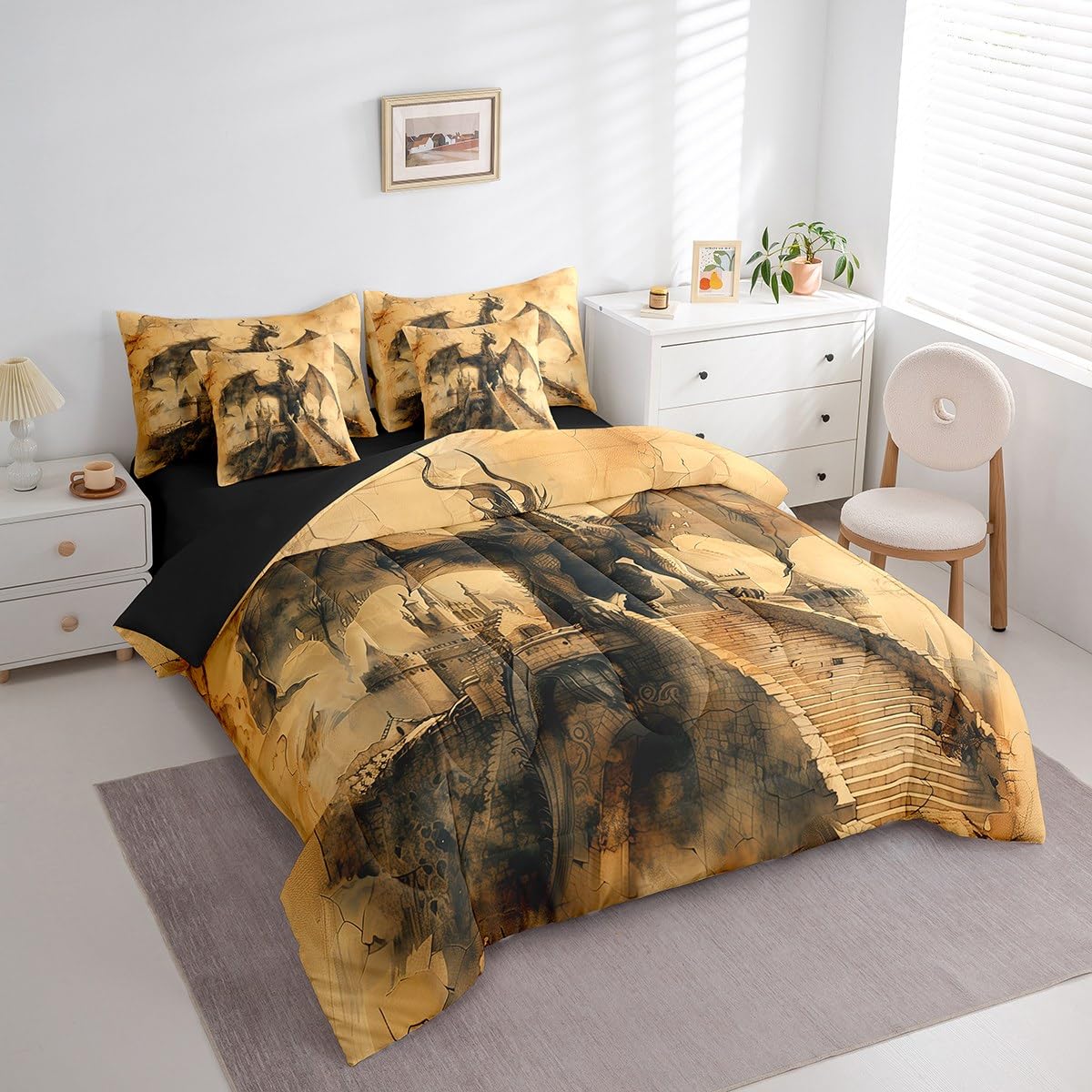 Erosebridal Magical Dragon Comforter Set King,Ancient Animal Bedding Set 7Pcs for Kids Boys Girls,Castle Bed in a Bag