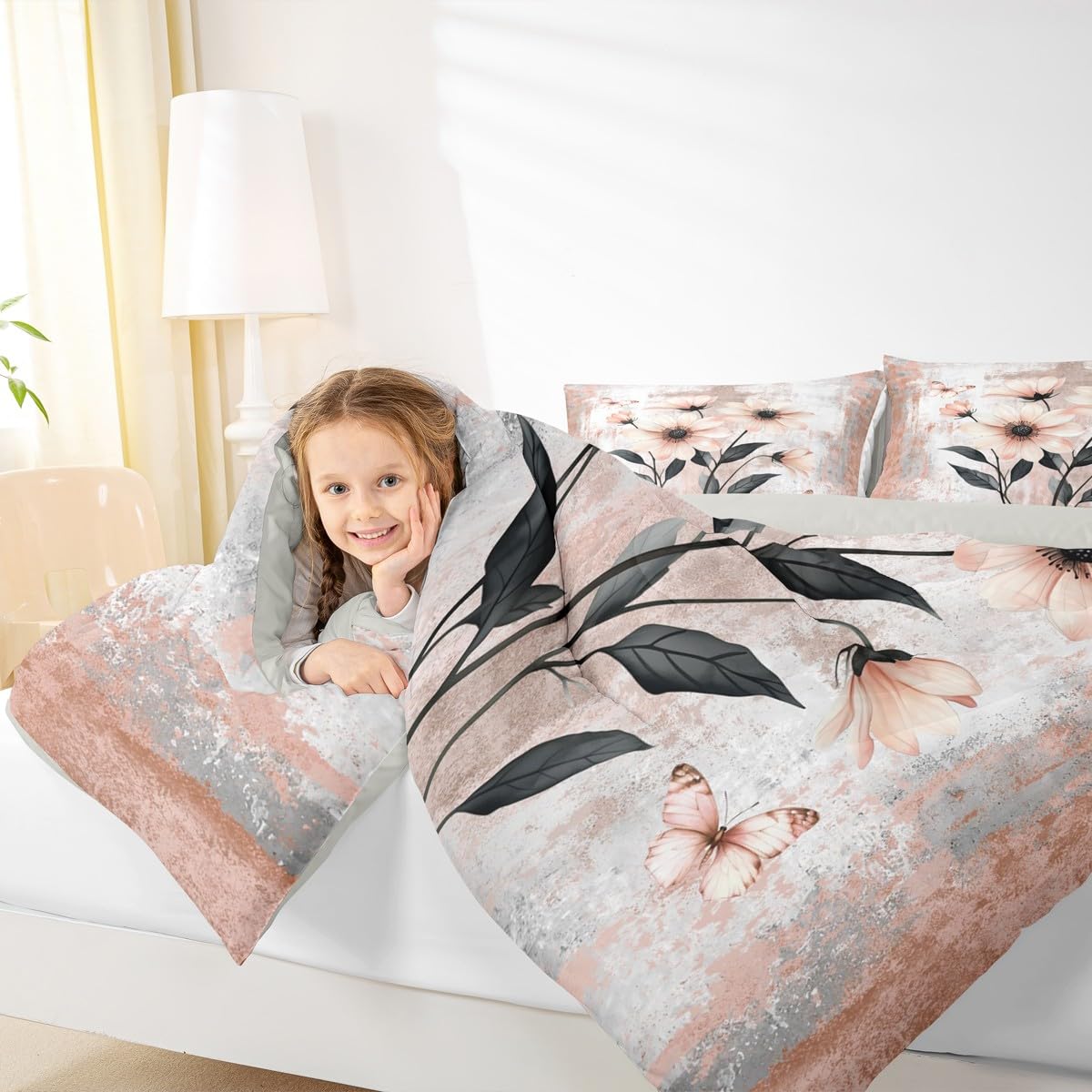 Erosebridal Watercolor Daisy Flowers Queen Comforter Set Abstract Oil Painting Bedding Set Rustic Farmhouse Bed Set Ombre Orange Grey White Quilt Set