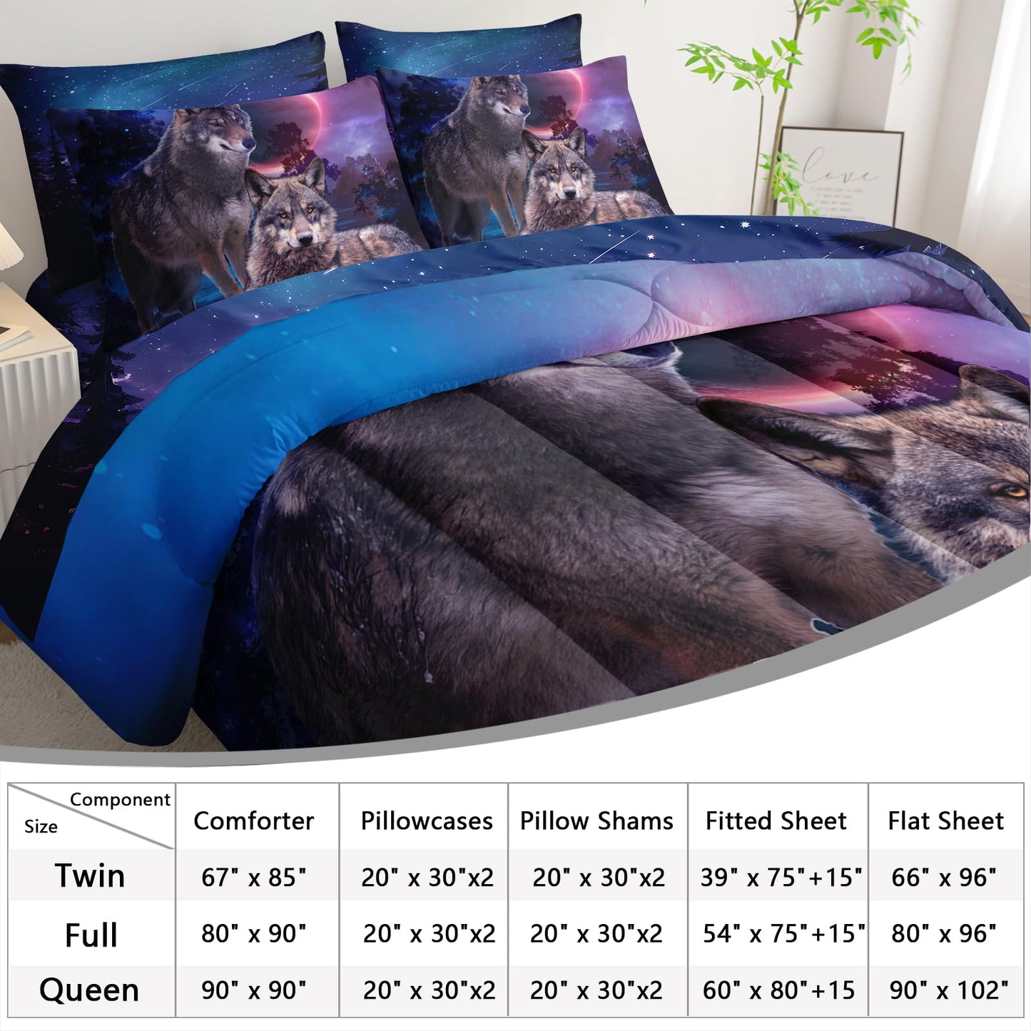 AILONEN Safari Wolf Comforter Set Twin Size,7-Piece Kids Girls Soft Bed in a Bag,Wolves Couples Comforter & Fitted Sheet & Flat Sheet & 2 Pillowcases,2 Pillow Shams for Bedroom