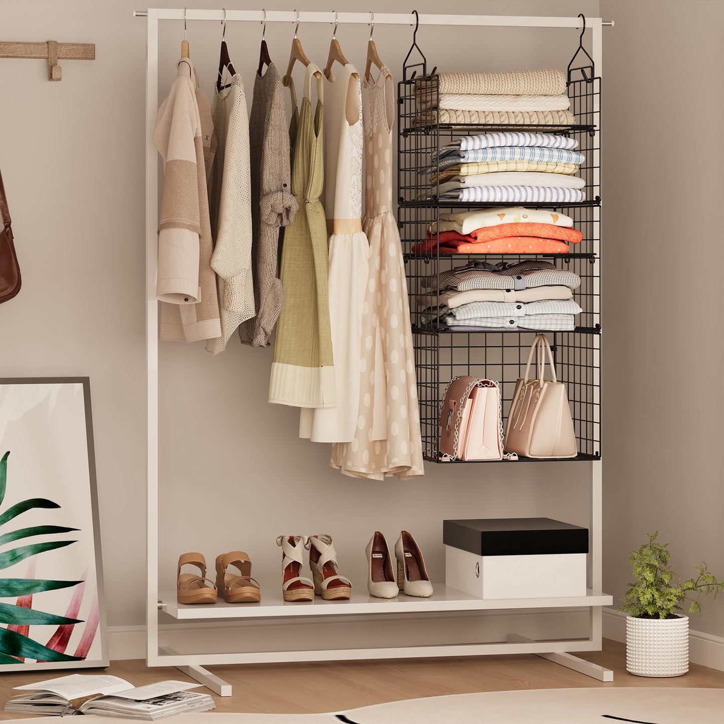 X-cosrack Closet Hanging Organizer Shelves - 5 Tier Wardrobe Organizers and Storage Bin, Hanging Organizer Shelves, Clothes Shelf with Adjustable Dividers for Bedroom Closet Sweater Shoes Handbag