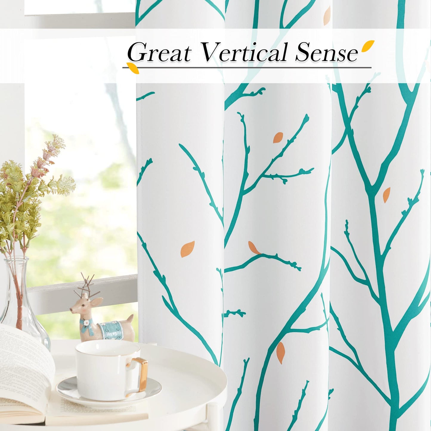NICETOW Twisted Branch Room Darkening White Curtains, Thermal Insulated Grommet Decorative Curtain Drapes with Flower Petals Light Blocking for Living Room/Bedroom, Teal, W52 x L84, 2 Panels