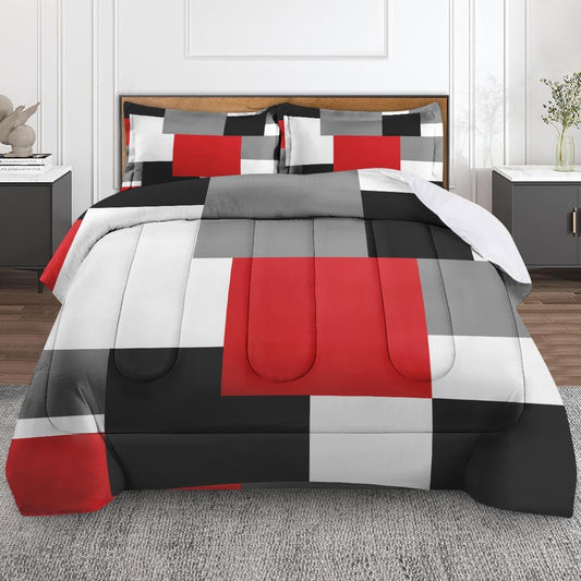 Culudea Geometric Red Checkered Comforter Set Twin Size, Black and Gray Modern Soft Bedding Set with Pillowcases for Girls Teens Kids Boys Adults Bedroom Bed Decor,1 Quilt 1 Pillow Case