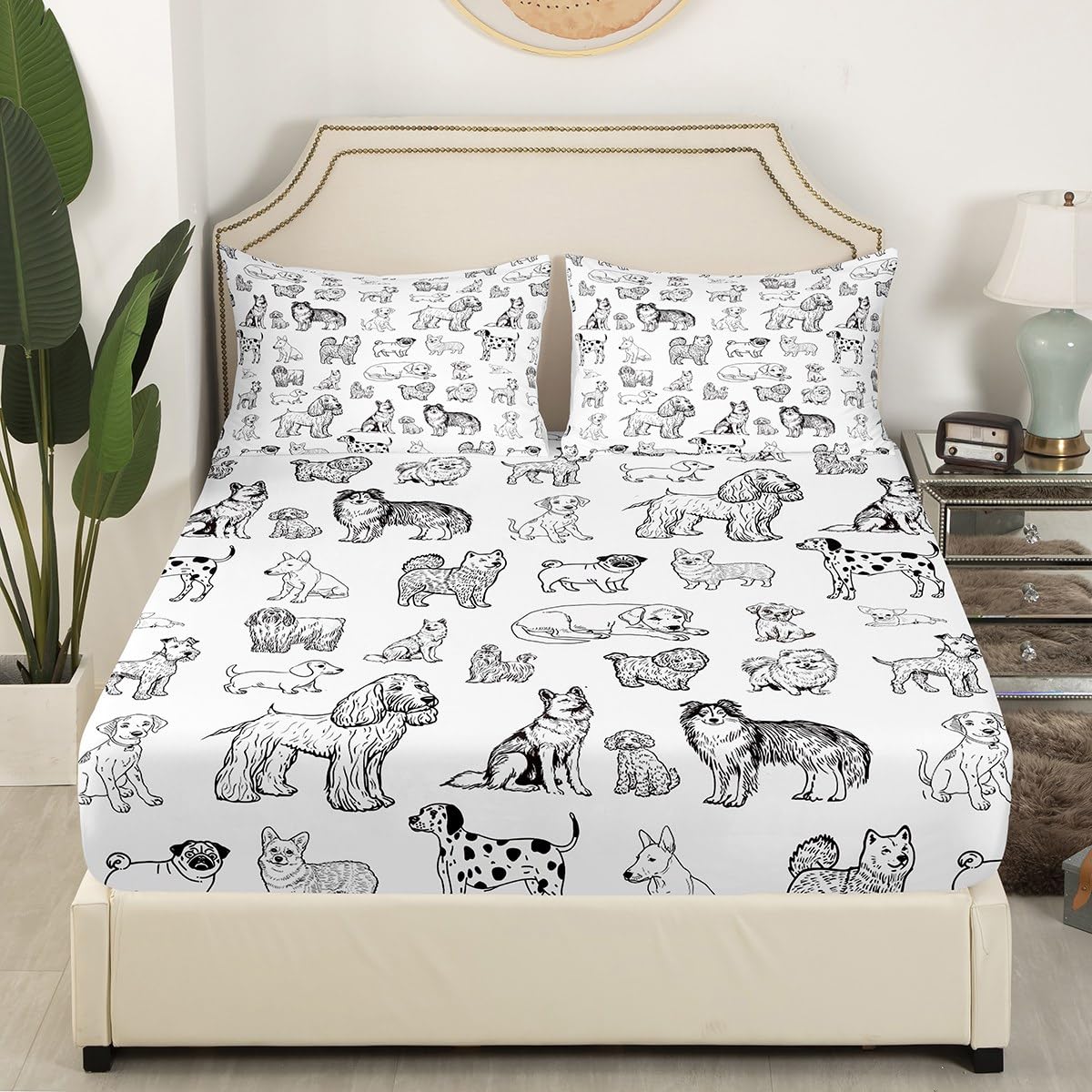 Cartoon Dog Fitted Sheet Full Size Black White Dog Puppy Sketch Bedding Set 3Pcs for Kids Girls Boys Adult Room Decor Cute Pet Animals Bed Sheet Soft Lightweight Deep Pocket Sheet,2 Pillowcase