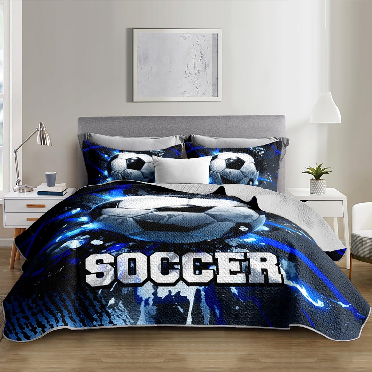 UEVBF Football King Bedding Set,Balls Sports Themed Quilted Quilt Sets for Kids Boys Teens Soccer Room Decor,Dark Blue Tie-dye Style Bedding Sets with 2 Pillowcases.