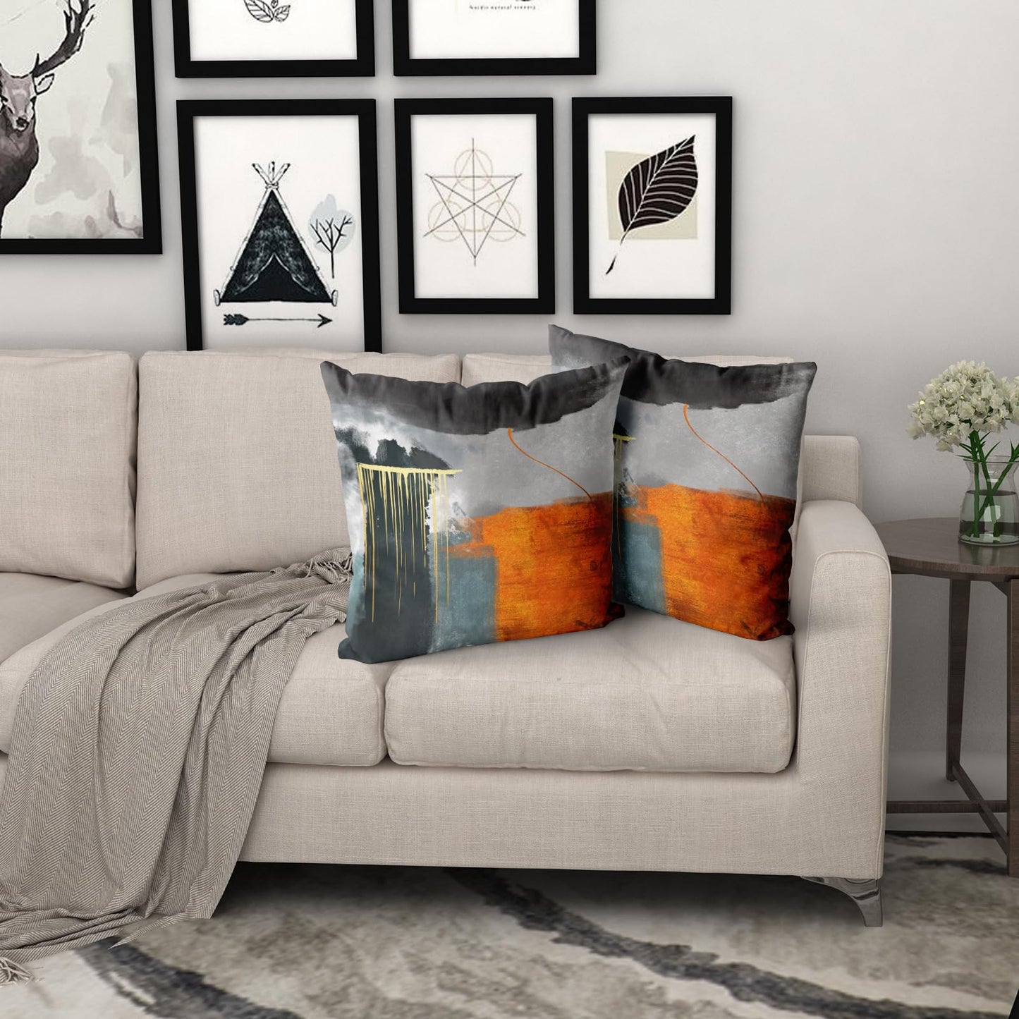Retro Gold Throw Pillow Covers - Abstract Rust Orange Teal Gray Black Pillow Case Set of 2 Burnt Orange Painting Cushion Covers Decorative 18 x 18 Inches Pillowcases for Home Decor