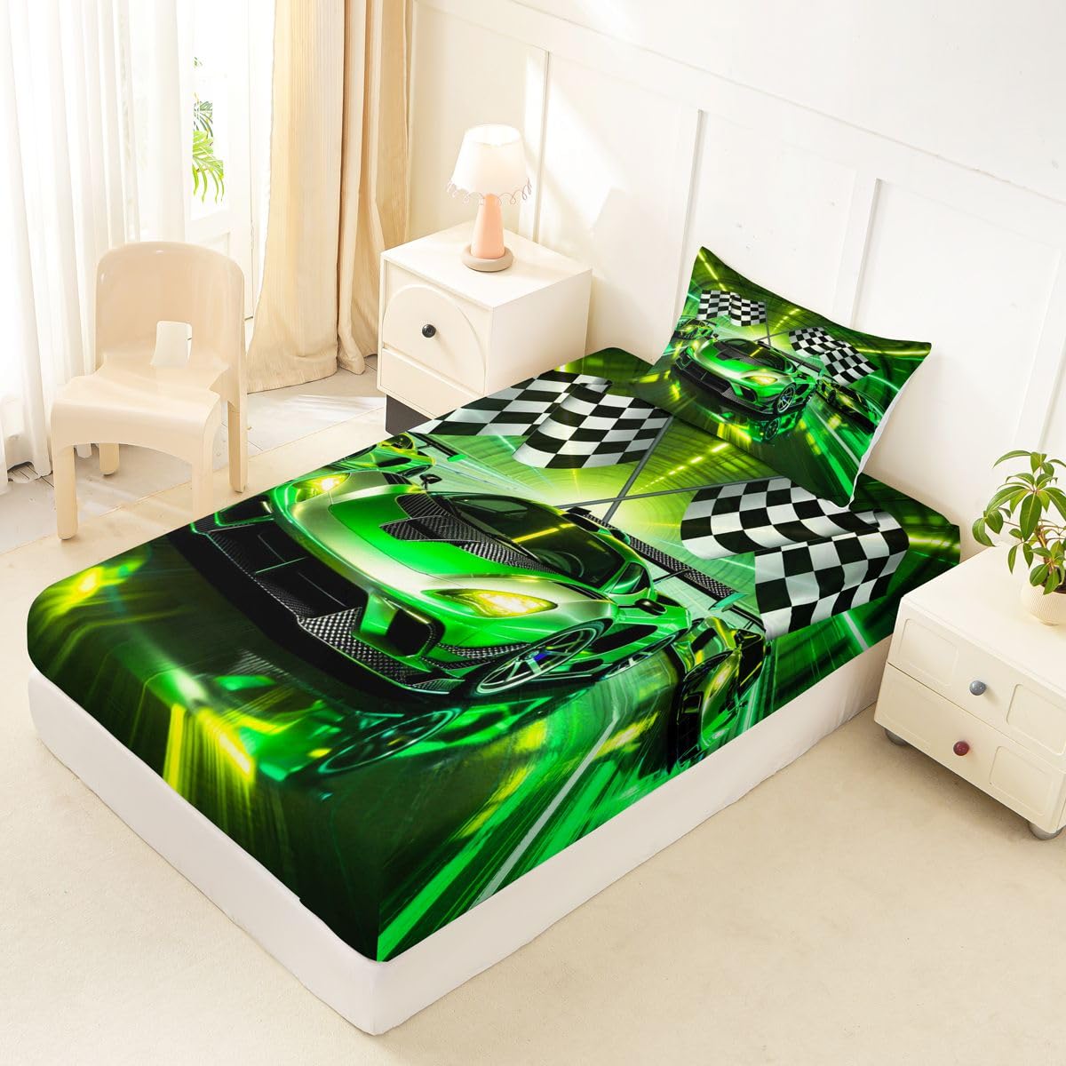 Feelyou Boys Sports Car Fitted Sheet with 1 Pillowcase Twin Size Speed Race Car Bed Sheets Set 16" Deep Pocket Boys Girls Racing Extreme Sports Bedding Teens Bedroom Decor Breathable Soft Lightweight