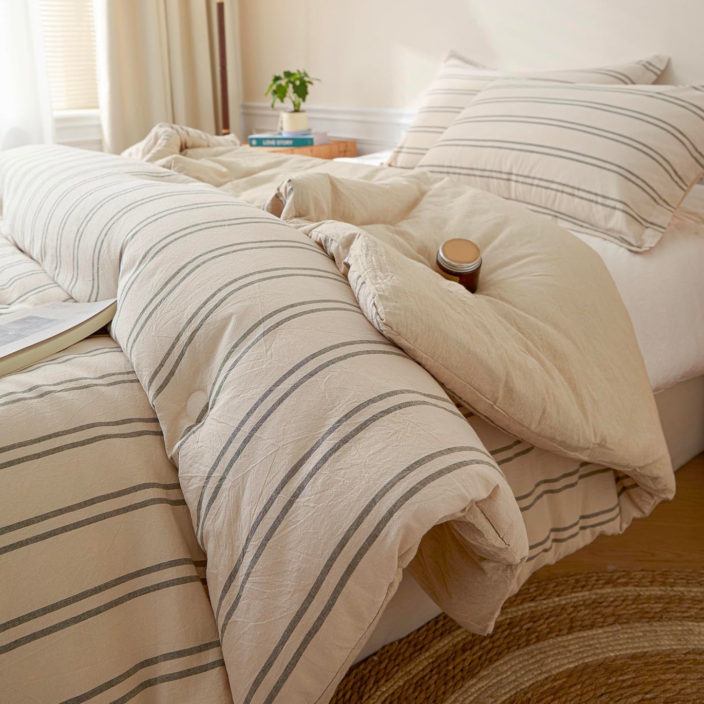Cyusri Cotton Stripe King Comforter Set - Soft Lightweight Bedding 3 Pieces Dyed Bed Set with 2 Pillow Shams,Reversible All Season Farmhouse Down Alternative(King Size 104"x90" Beige)