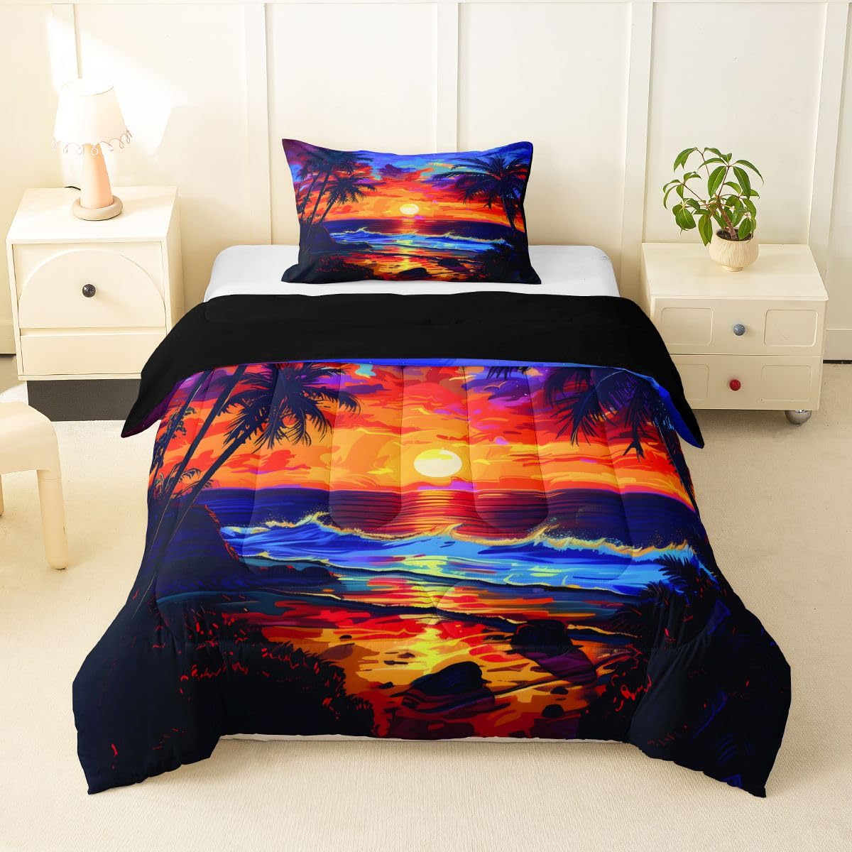 Erosebridal Ocean Beach Comforter Set for Girls Women - Watercolor Sea Sunset Scenery Toddler Bedding Sets Tropical Palm Tree Comforter Hawaiian Summer Marine Quilt Duvet 2 Pcs