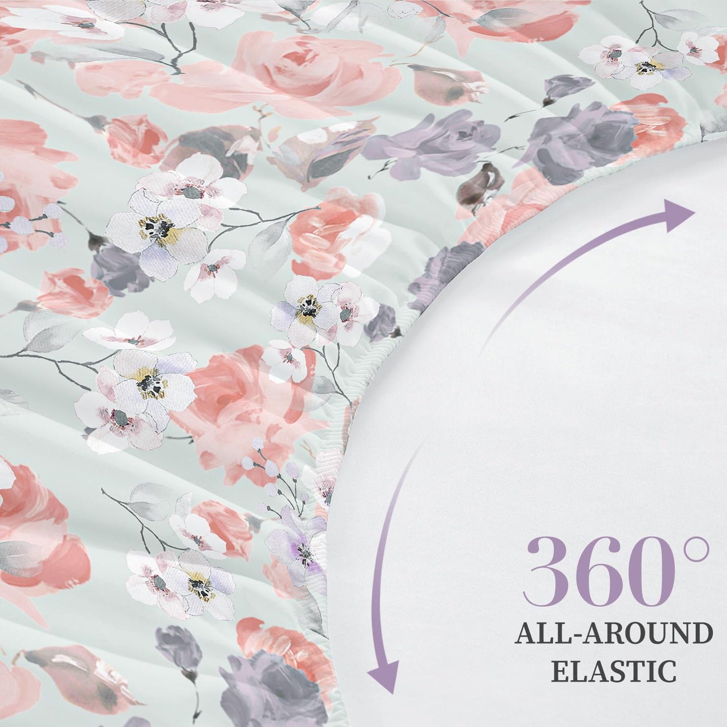 HCORA Floral Fitted Sheet with Pillow Cases, 100% Brushed Microfibre Deep Pocket Fitted Bottom Sheet, Ultra Soft, Shrinkage and Fade Resistant, Full Size