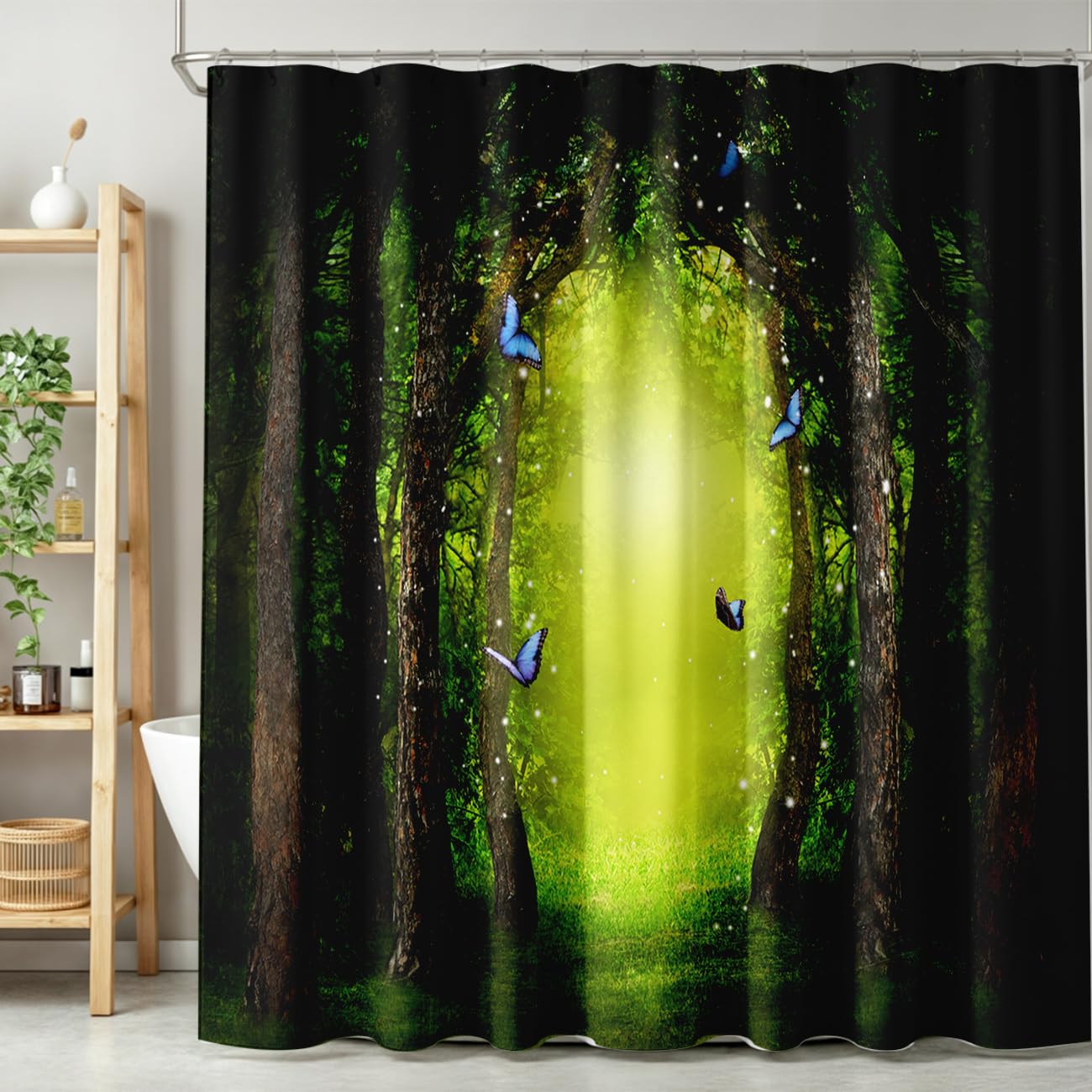 TYVGICZ Fantasy Forest Shower Curtain Fairy Tale Enchanted Woods Mystical Landscape Nature Butterfly Bath Curtains for Bathroom Decor Polyester Fabric，66x72 Inch