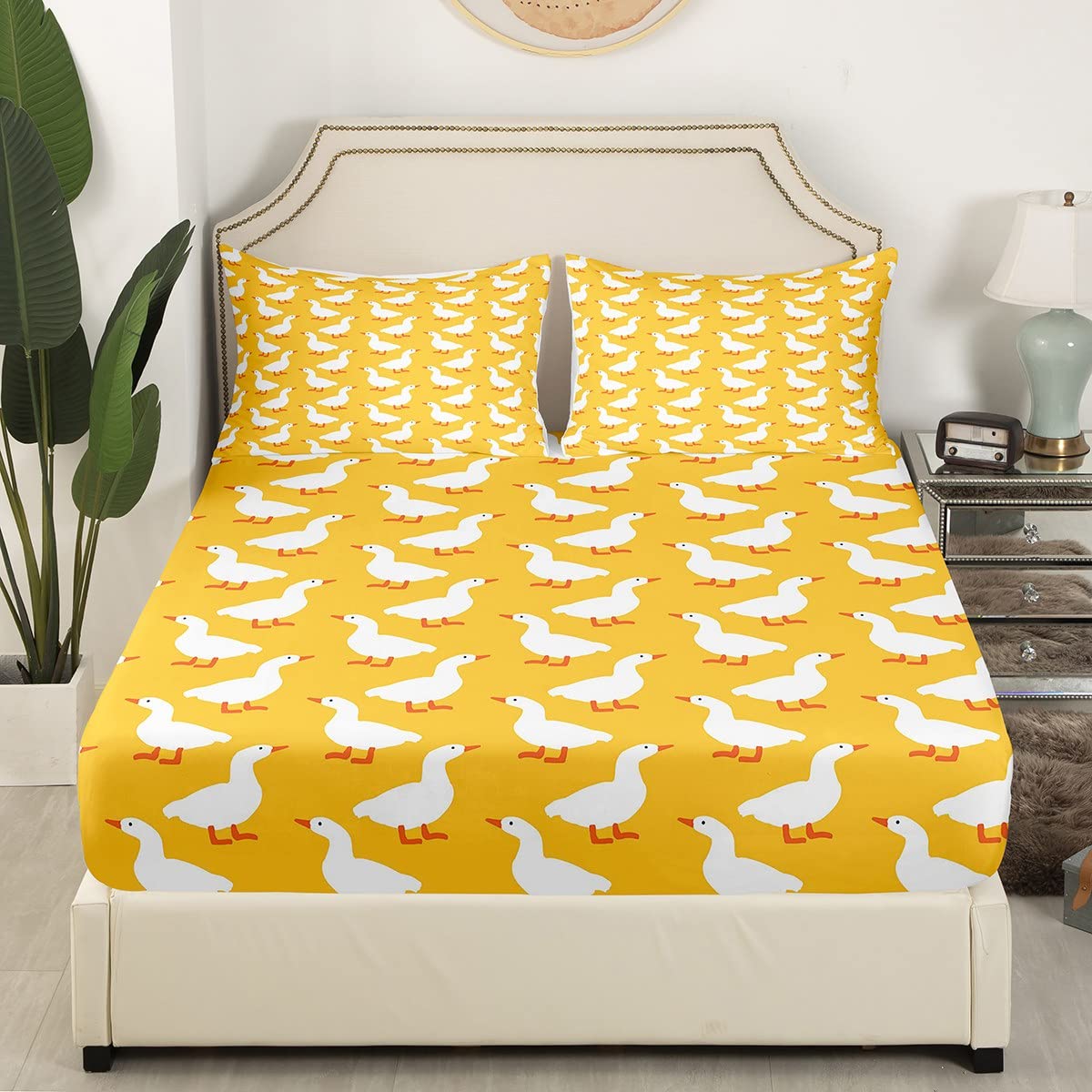 Erosebridal Farmhouse Animal Sheet Set for Kids Child,White Yellow Goose Bed Sheets Full,Cartoon Duck Doodle Bedding Set,Rustic Wild Pet Fitted Sheet + Top Sheet + 2 Pillowcases Bedroom Decor